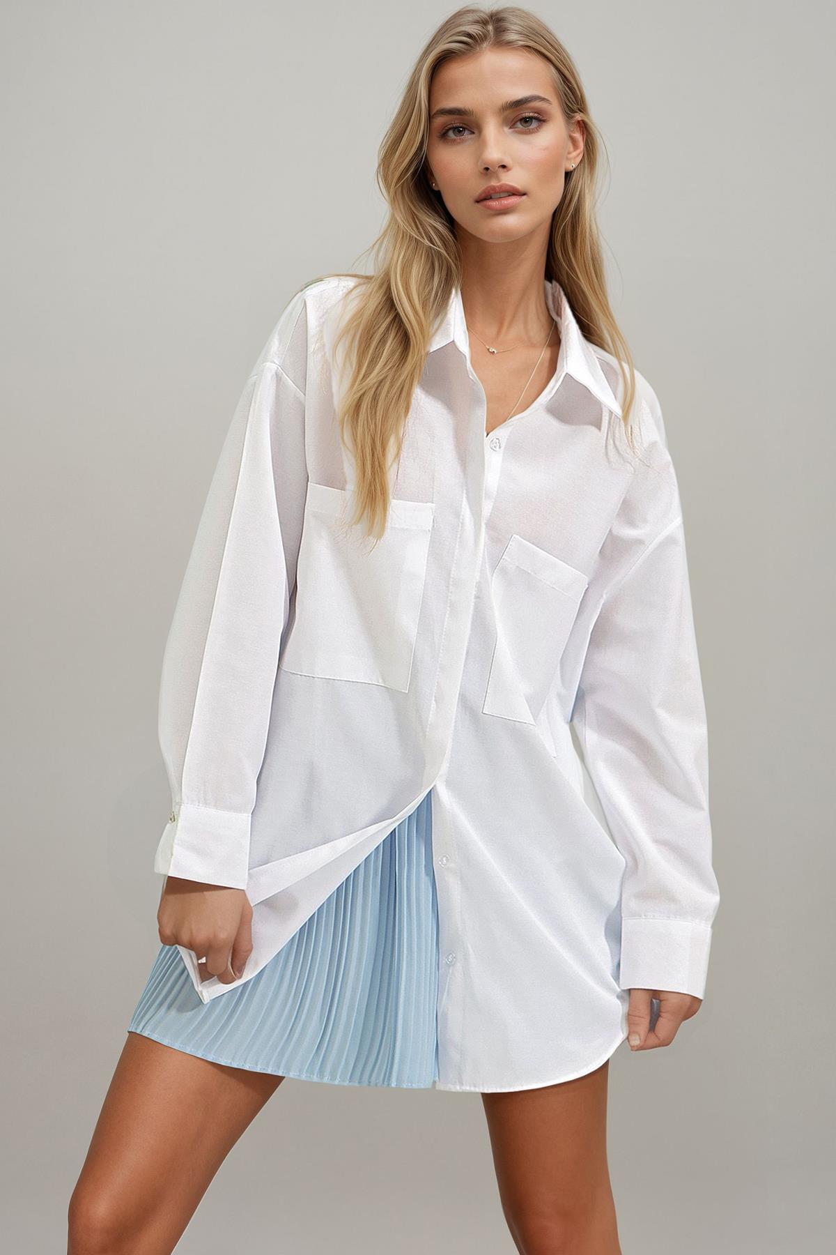Çift Cepli Oversize Poplin Gömlek - Beyaz