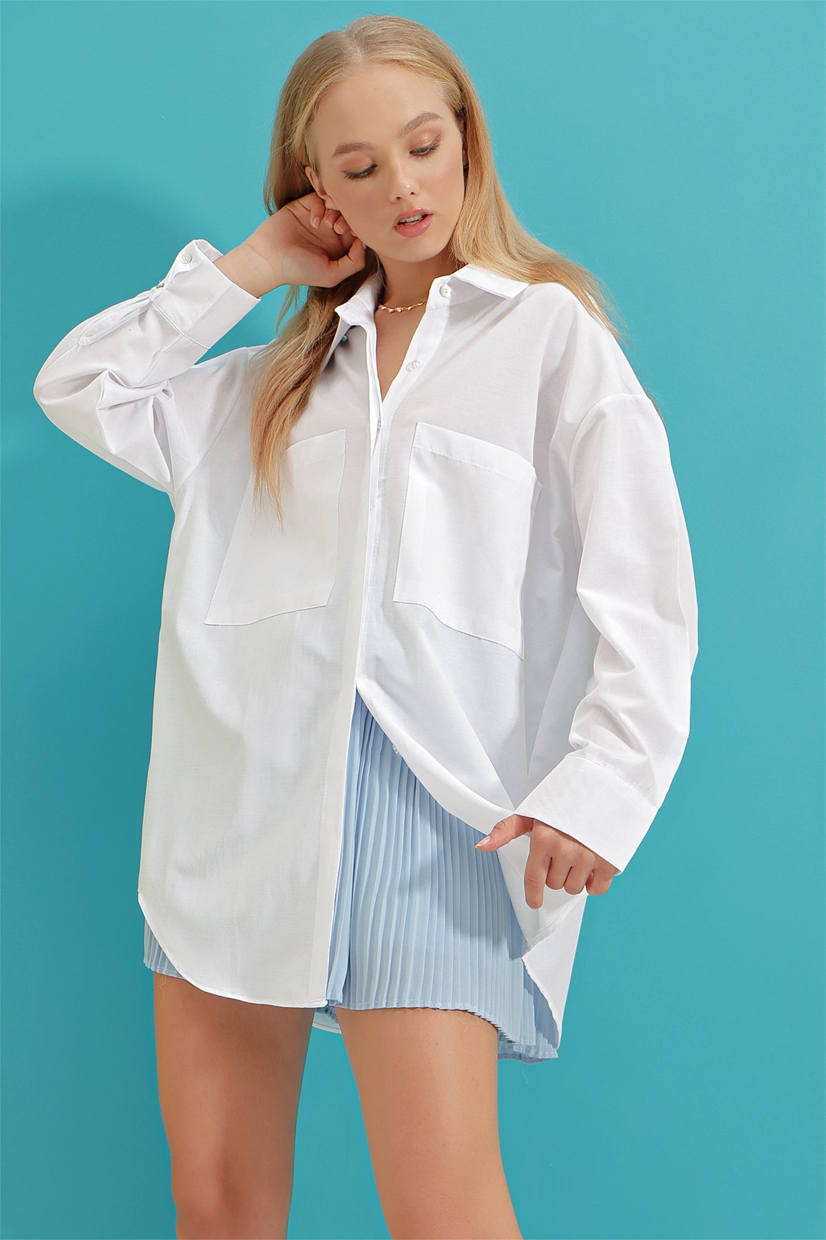 Çift Cepli Oversize Poplin Gömlek - Beyaz