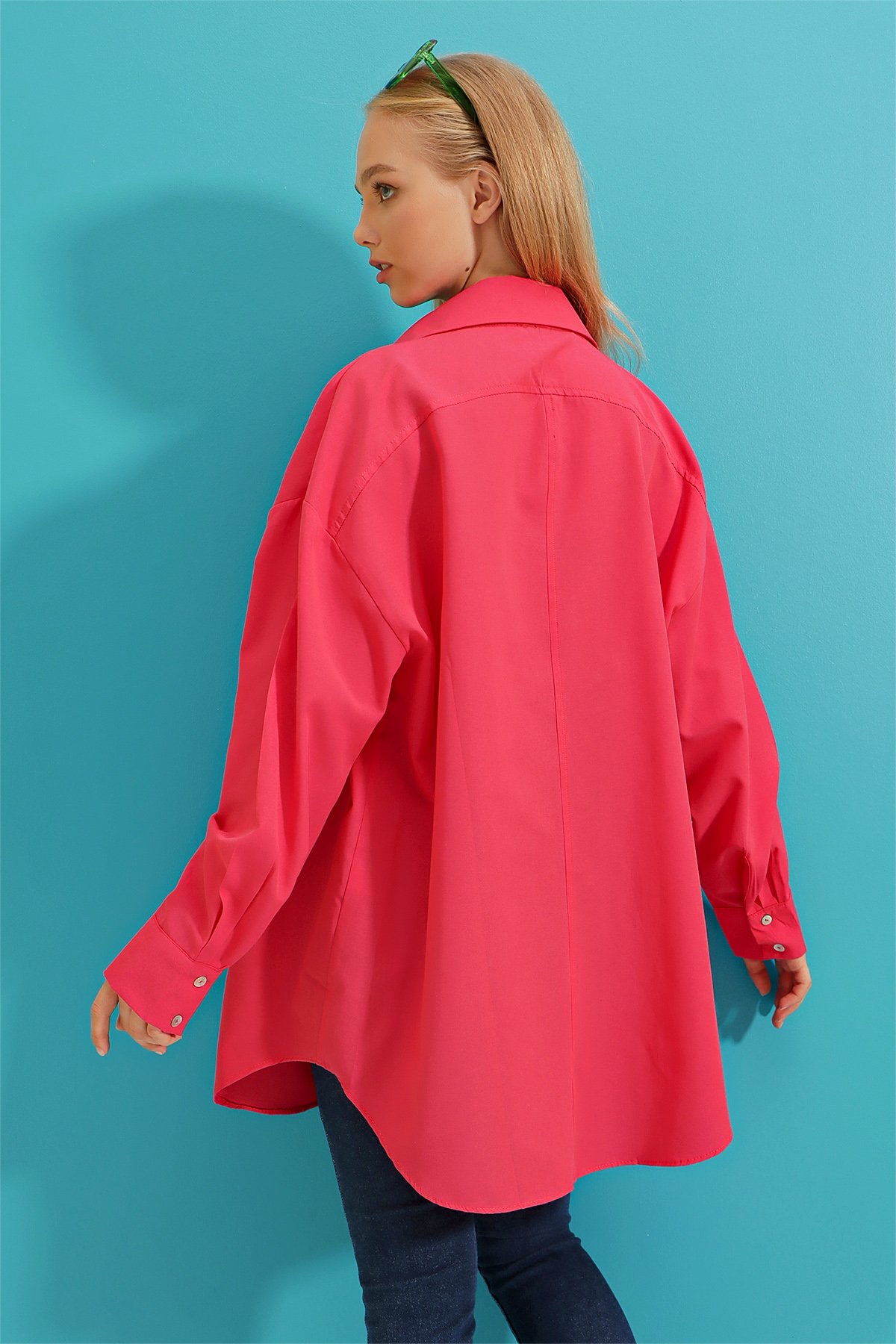 Çift Cepli Oversize Poplin Gömlek - Fuşya
