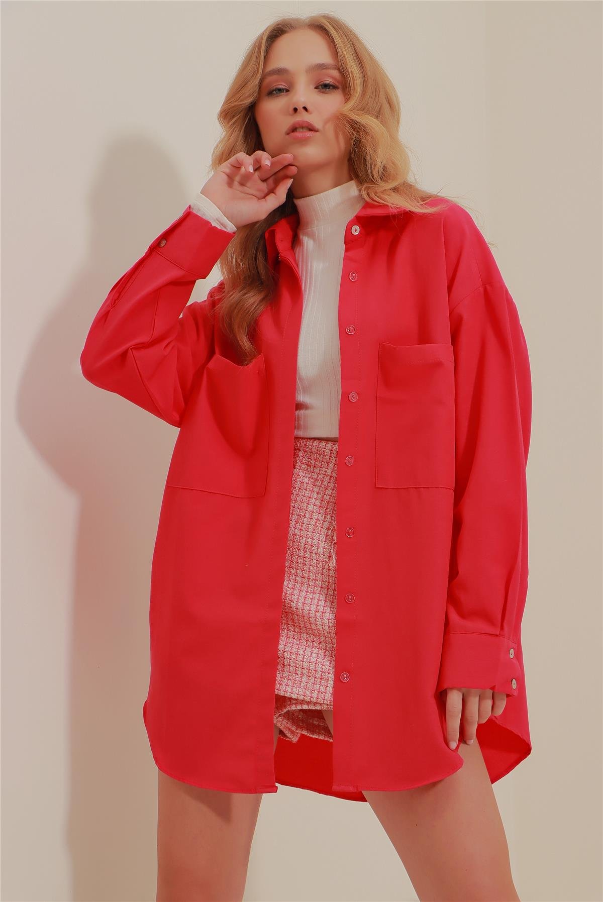 Çift Cepli Oversize Poplin Gömlek - Fuşya