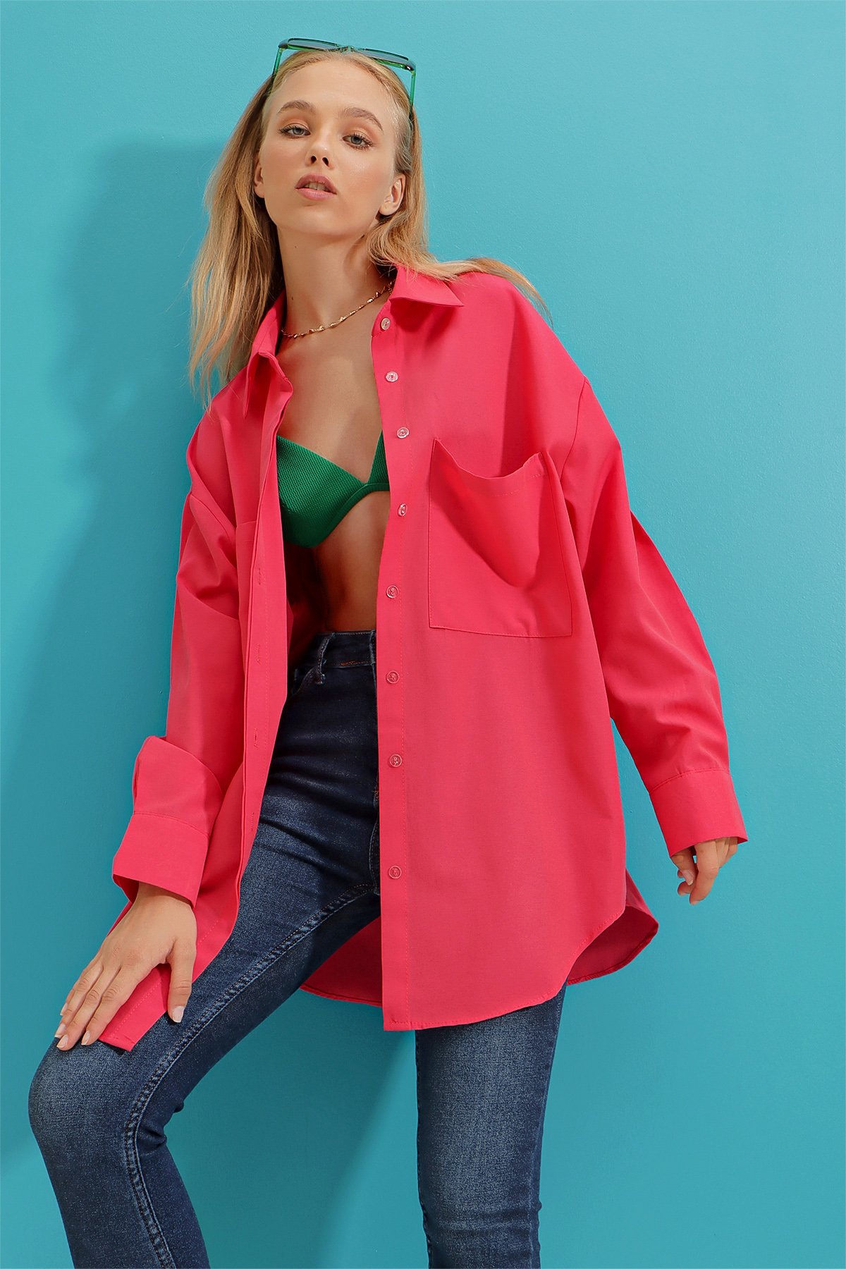 Çift Cepli Oversize Poplin Gömlek - Fuşya