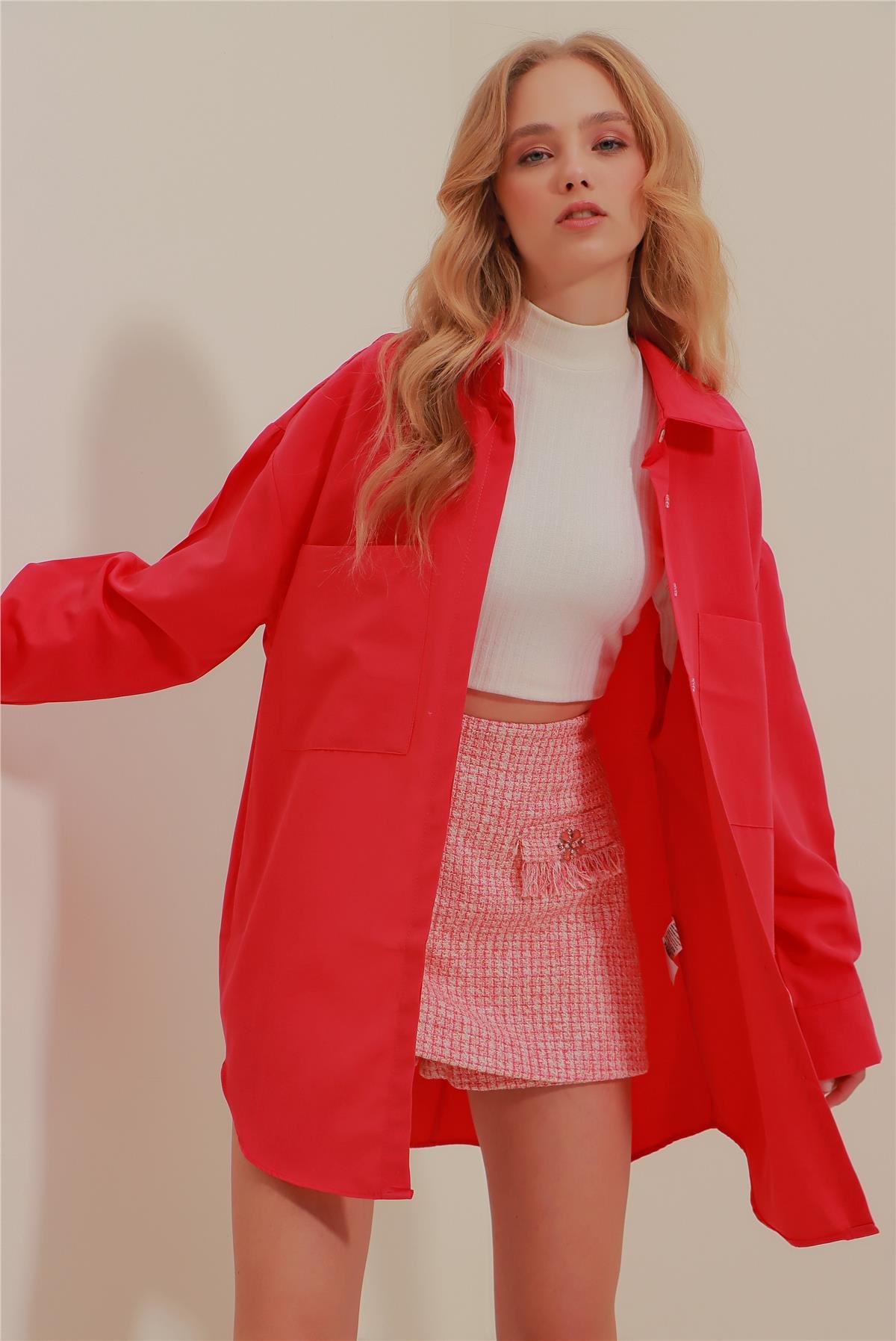 Çift Cepli Oversize Poplin Gömlek - Fuşya