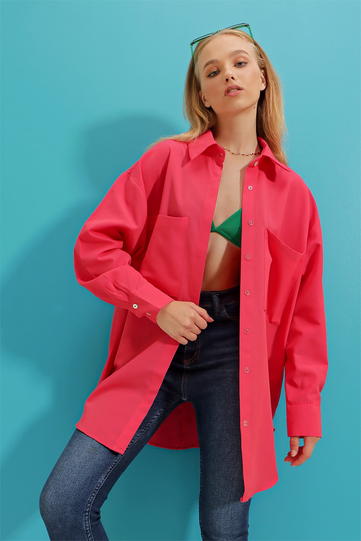 Çift Cepli Oversize Poplin Gömlek - Fuşya