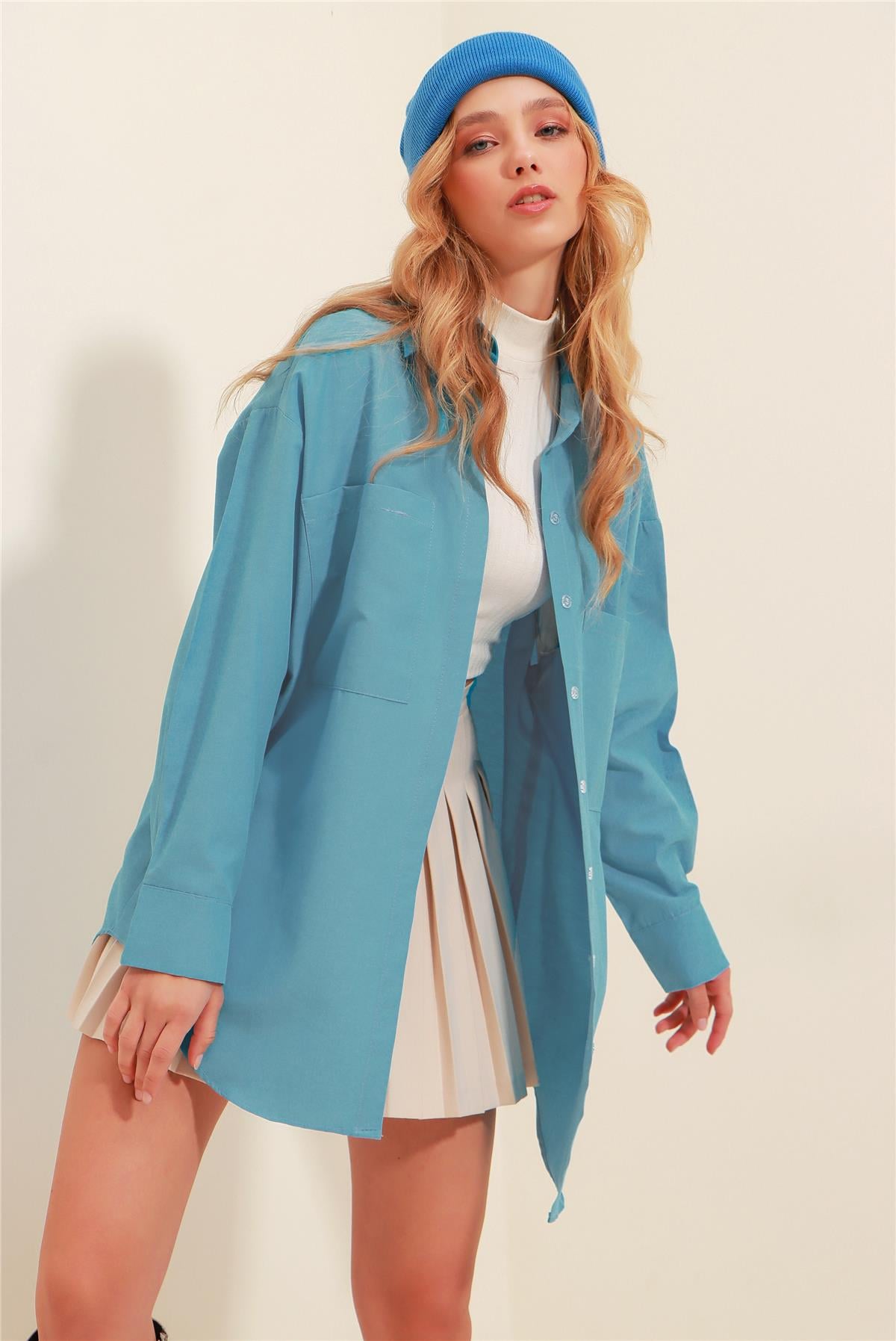 Çift Cepli Oversize Poplin Gömlek - Havacı Mavi