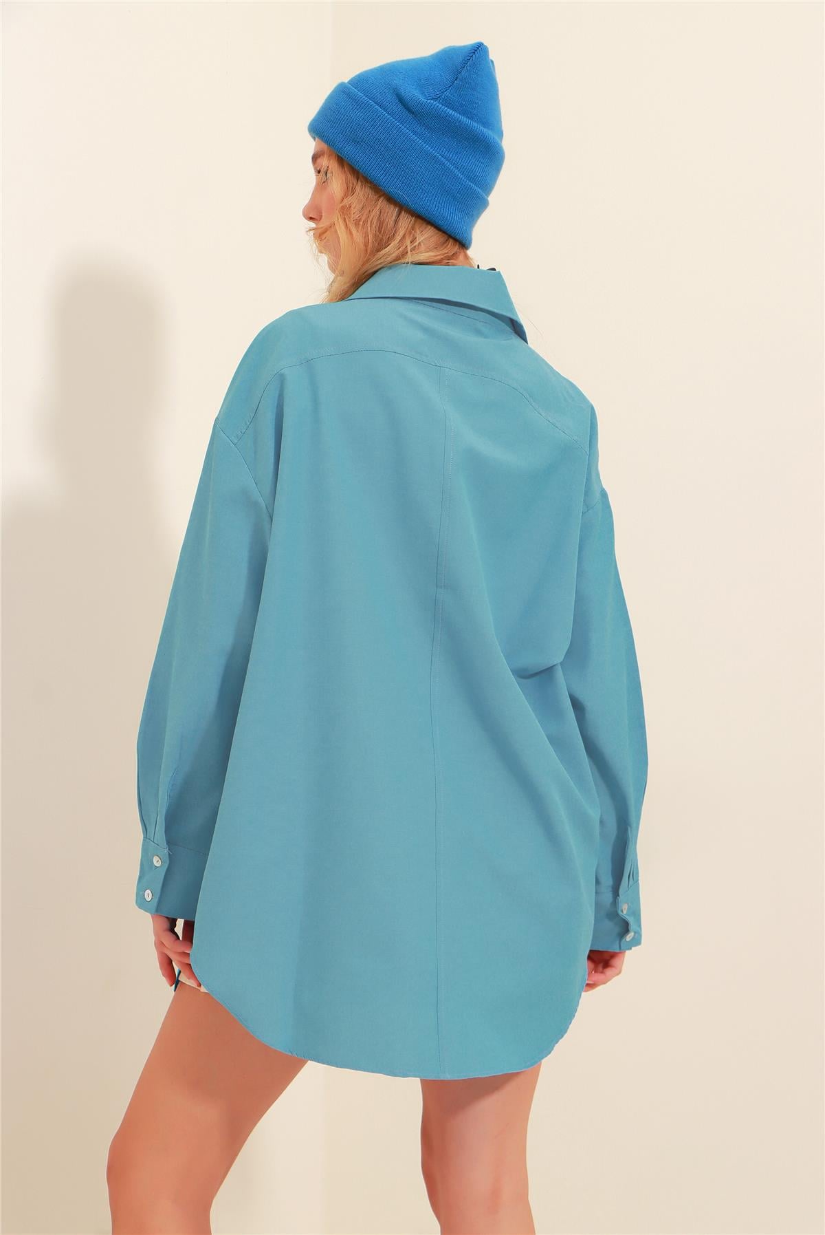 Çift Cepli Oversize Poplin Gömlek - Havacı Mavi