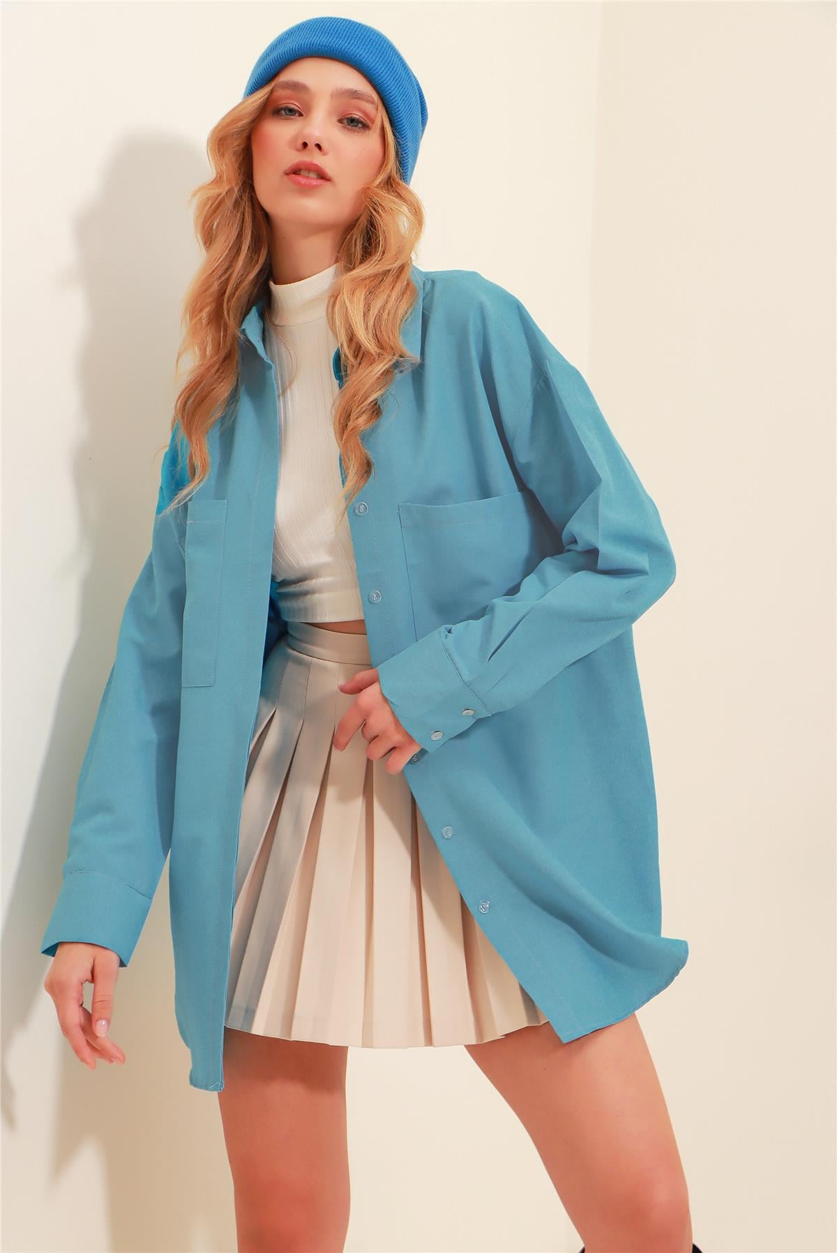 Çift Cepli Oversize Poplin Gömlek - Havacı Mavi