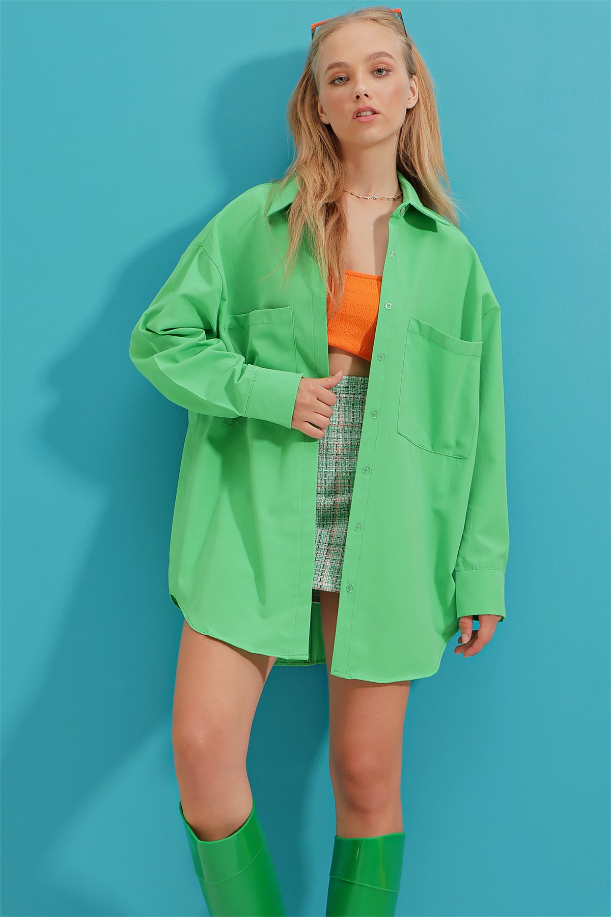 Çift Cepli Oversize Poplin Gömlek - Yeşil