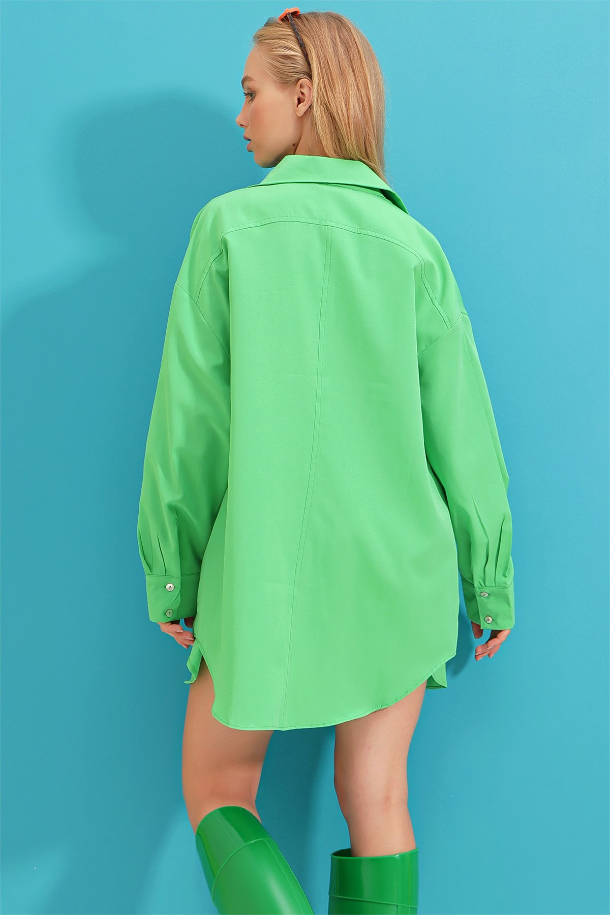Çift Cepli Oversize Poplin Gömlek - Yeşil
