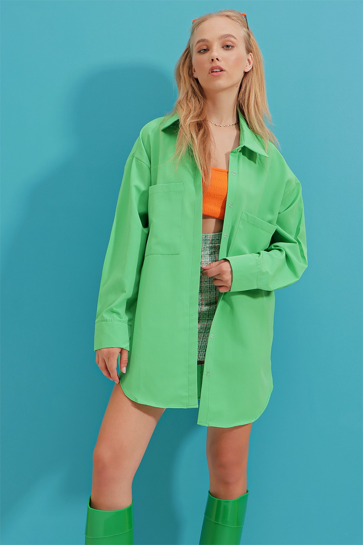 Çift Cepli Oversize Poplin Gömlek - Yeşil