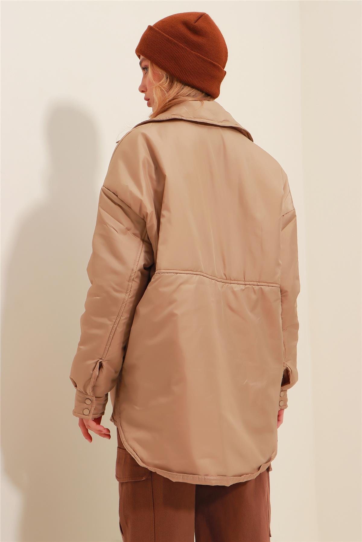 Çift Cepli Oversize Şişme Mont - Bej