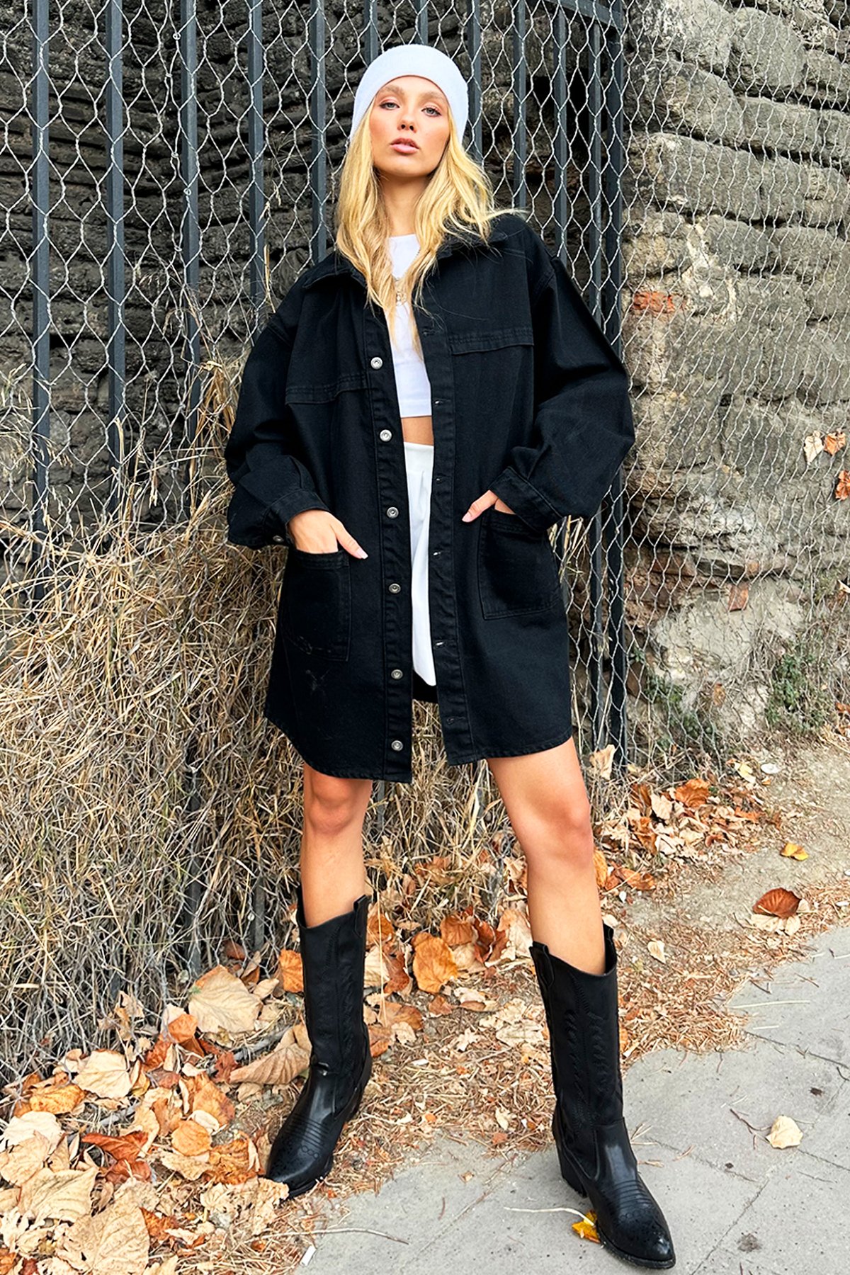 Çift Cepli Oversize Uzun Denim Ceket - Siyah