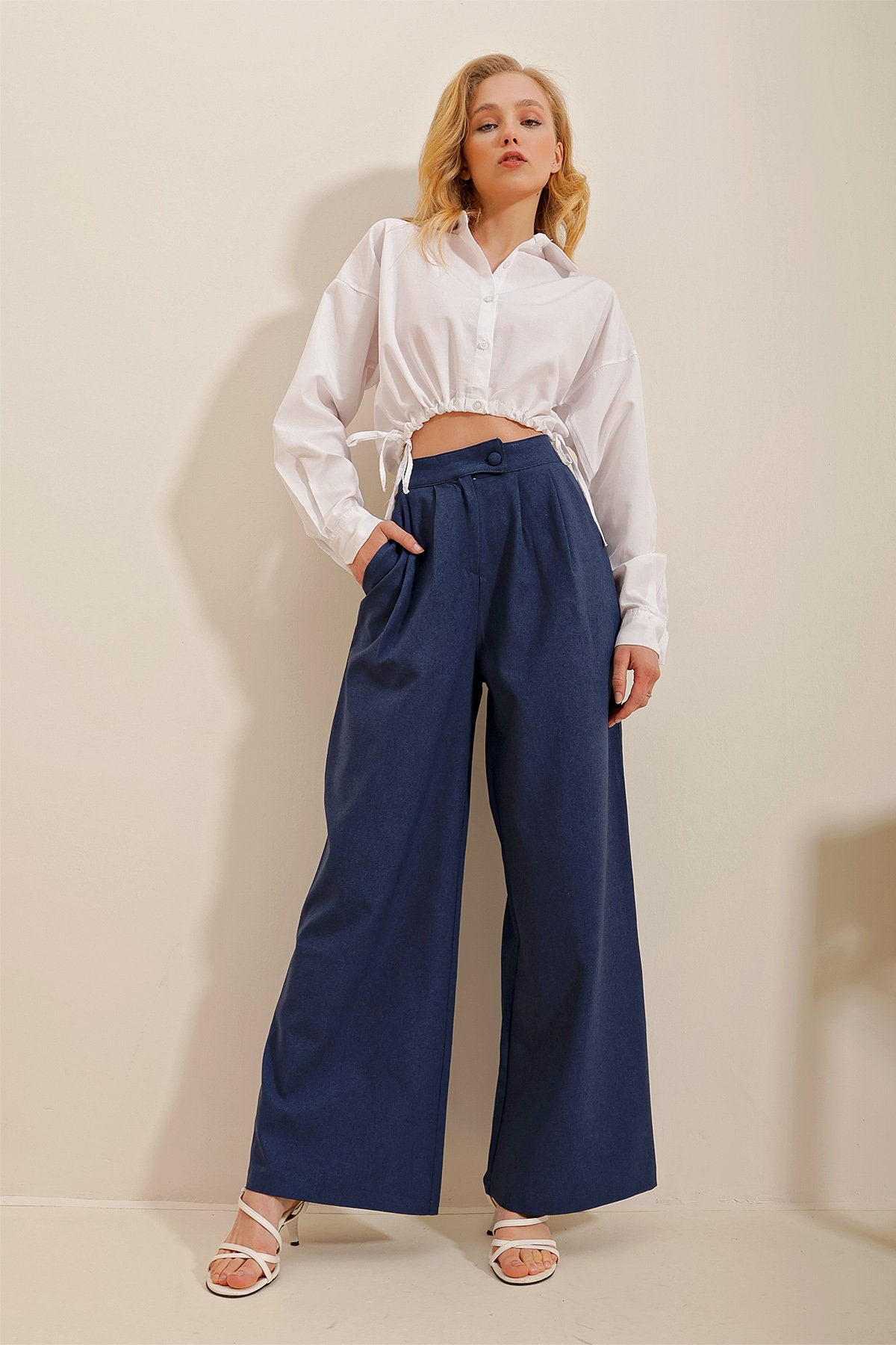 Çift Cepli Piliseli Palazzo Dokuma Pantolon - Lacivert