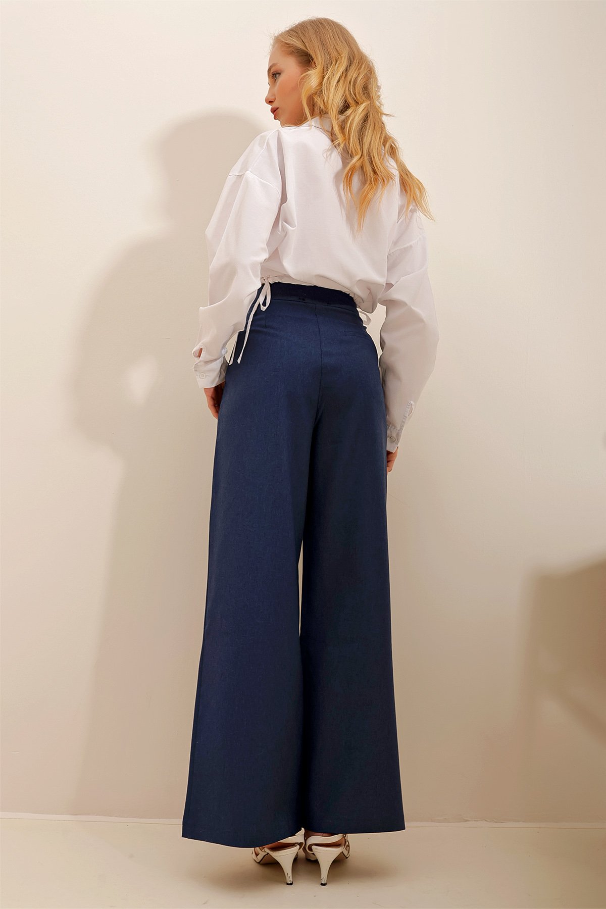 Çift Cepli Piliseli Palazzo Dokuma Pantolon - Lacivert