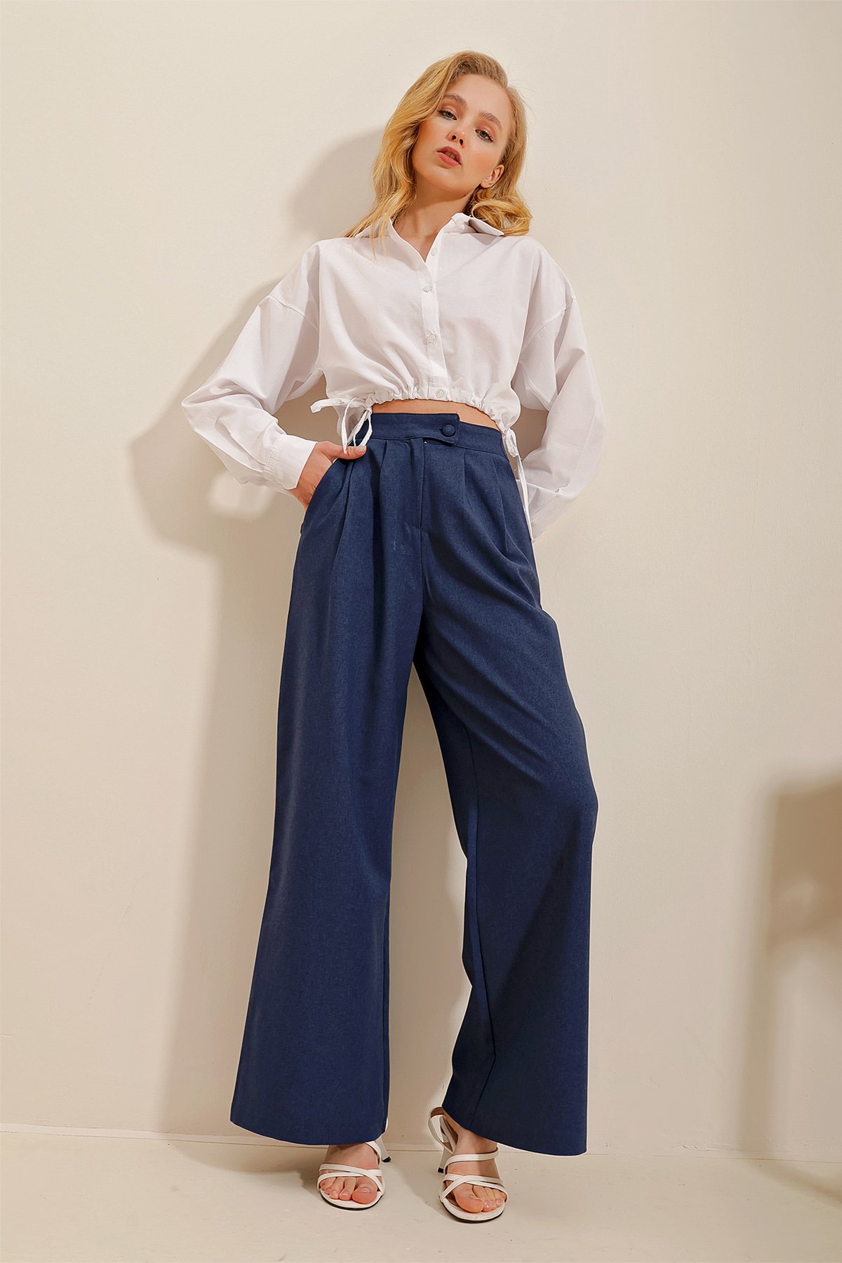 Çift Cepli Piliseli Palazzo Dokuma Pantolon - Lacivert