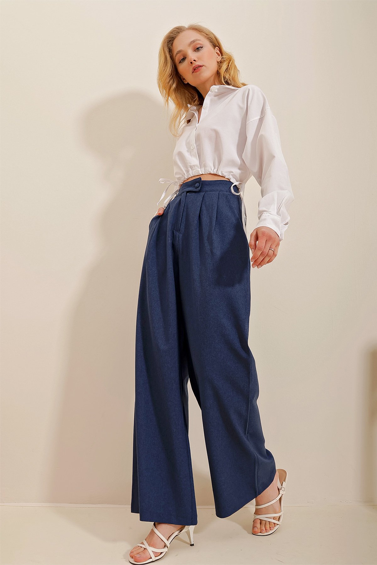 Çift Cepli Piliseli Palazzo Dokuma Pantolon - Lacivert