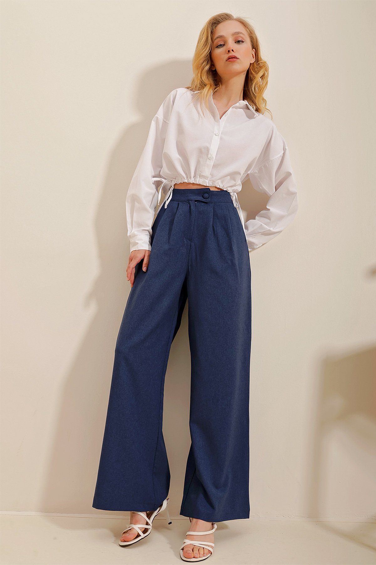 Çift Cepli Piliseli Palazzo Dokuma Pantolon - Lacivert