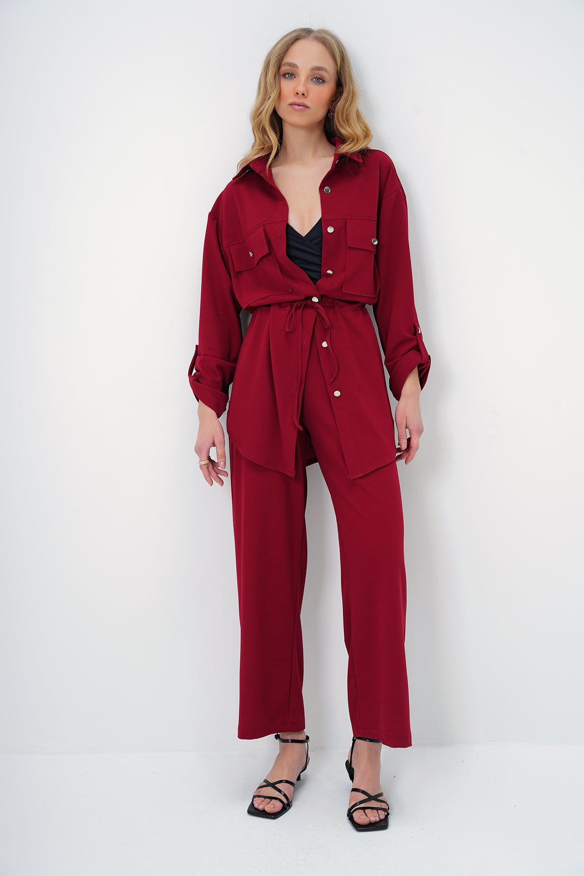 Çift Cepli Safari Ceket Ve Beli Lastikli Wide Leg Aerobin Pantolonlu Takım - BORDO