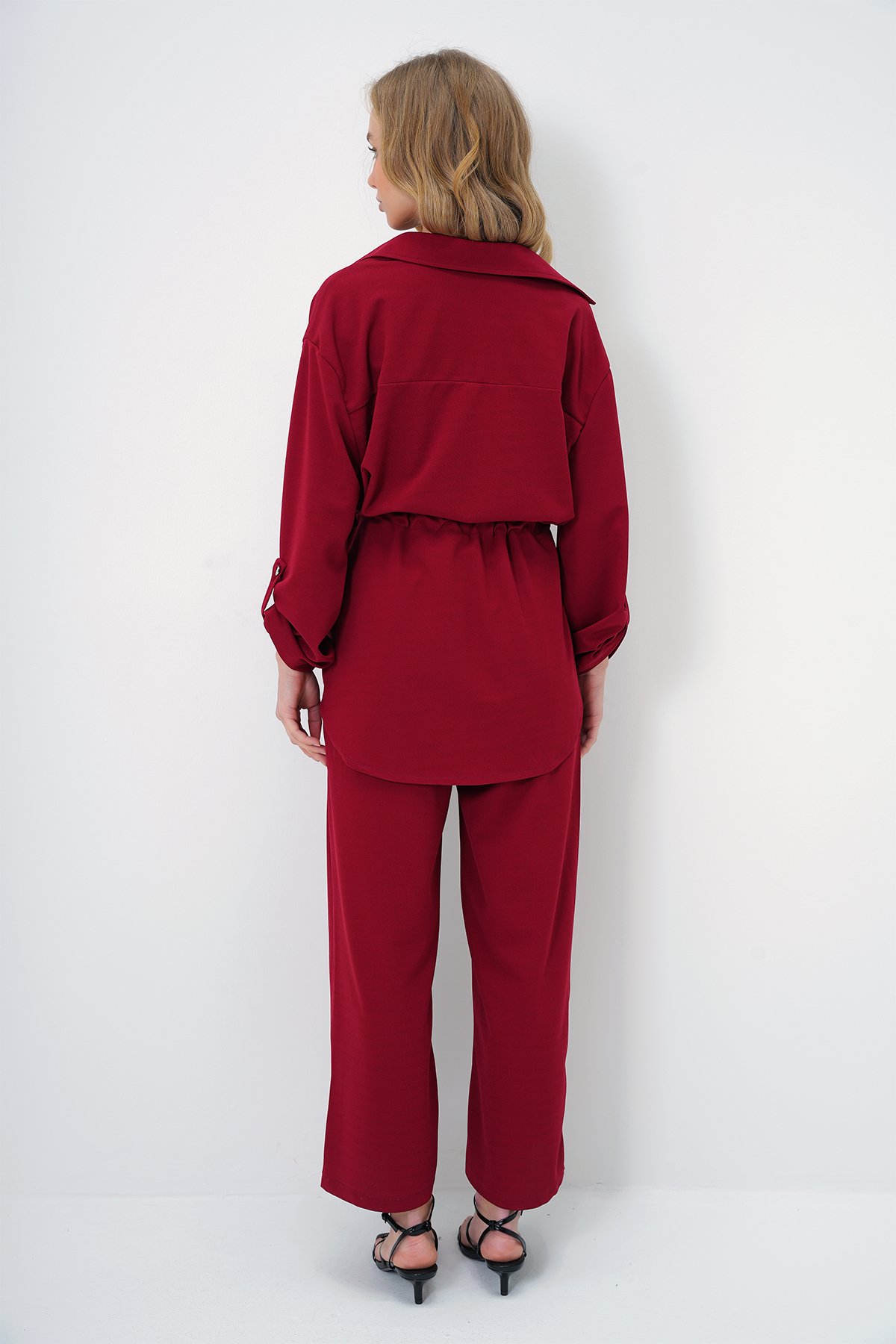 Çift Cepli Safari Ceket Ve Beli Lastikli Wide Leg Aerobin Pantolonlu Takım - BORDO