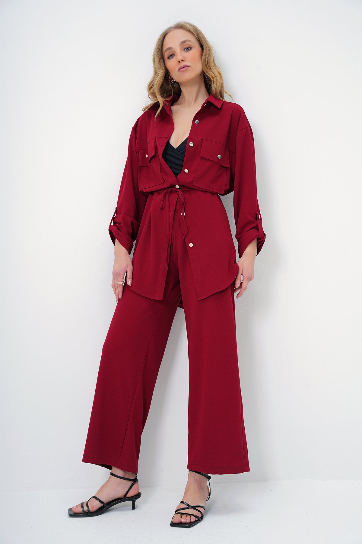 Çift Cepli Safari Ceket Ve Beli Lastikli Wide Leg Aerobin Pantolonlu Takım - BORDO