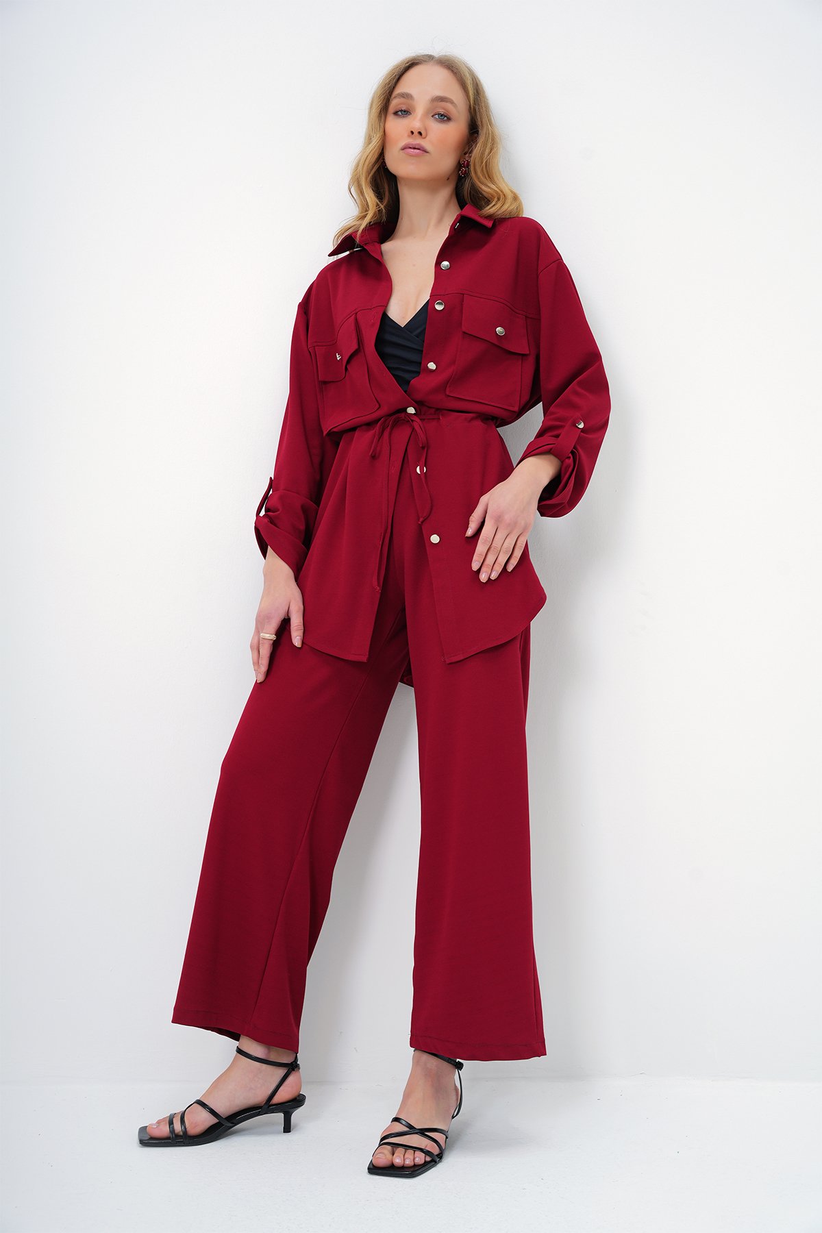 Çift Cepli Safari Ceket Ve Beli Lastikli Wide Leg Aerobin Pantolonlu Takım - BORDO