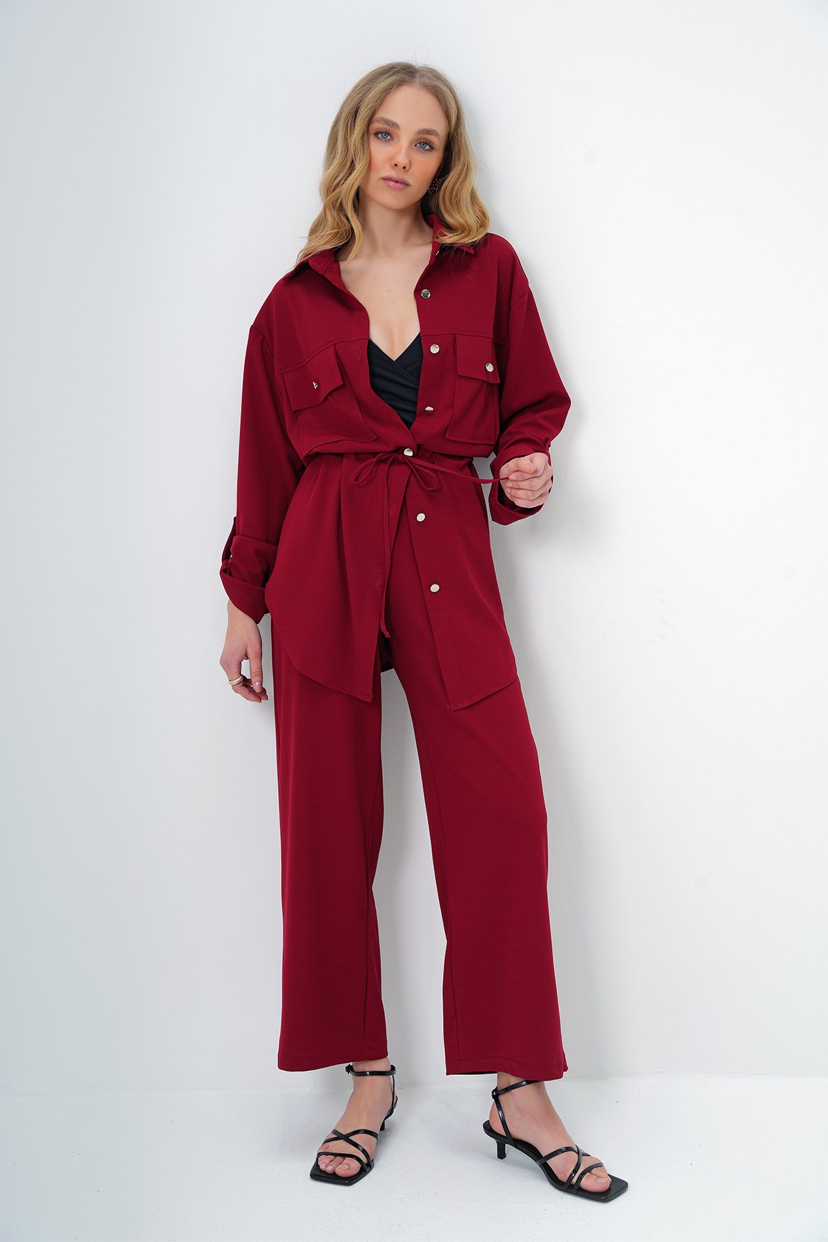 Çift Cepli Safari Ceket Ve Beli Lastikli Wide Leg Aerobin Pantolonlu Takım - BORDO