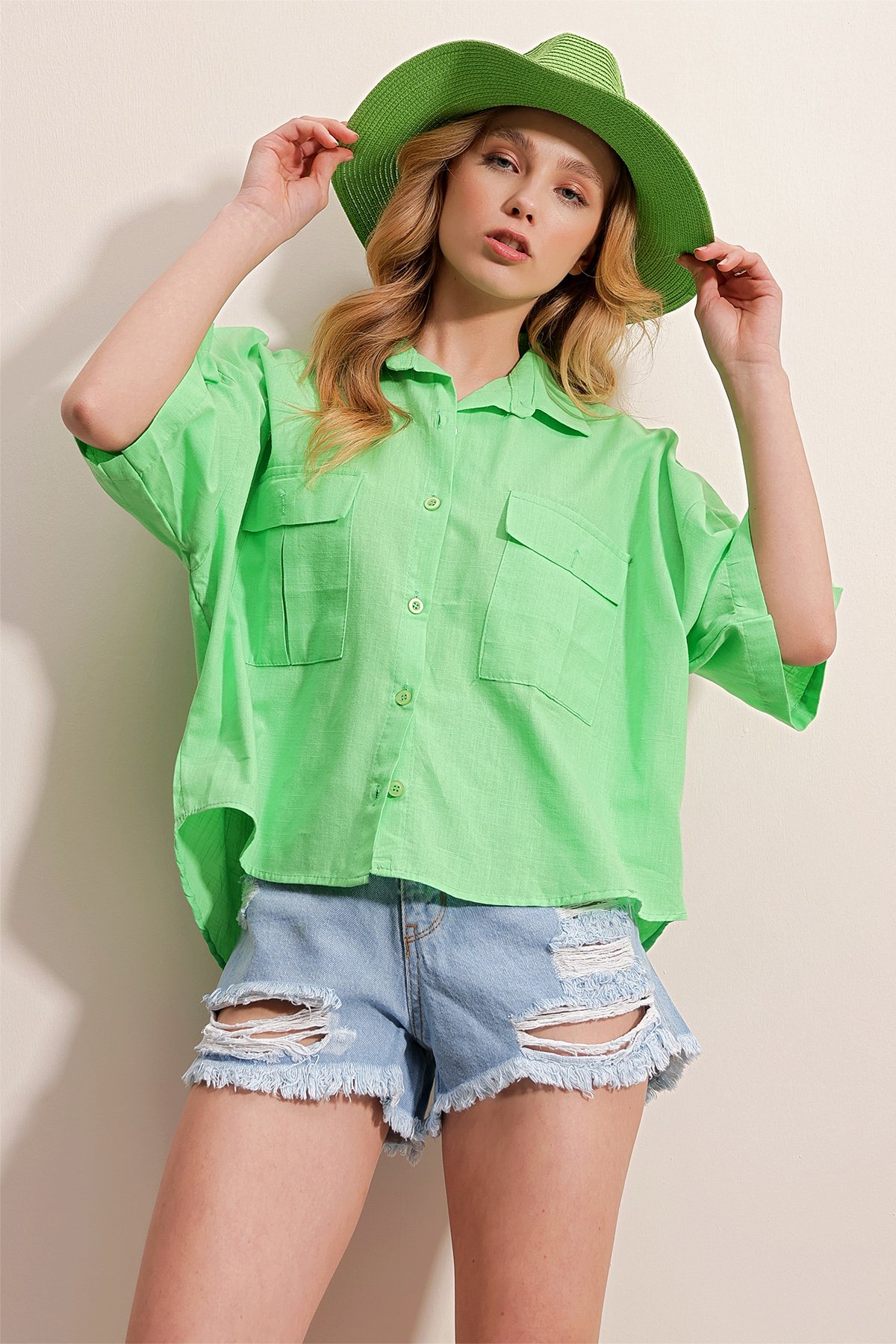 Çift Cepli Yarım Kol Keten Gömlek - YEŞİL