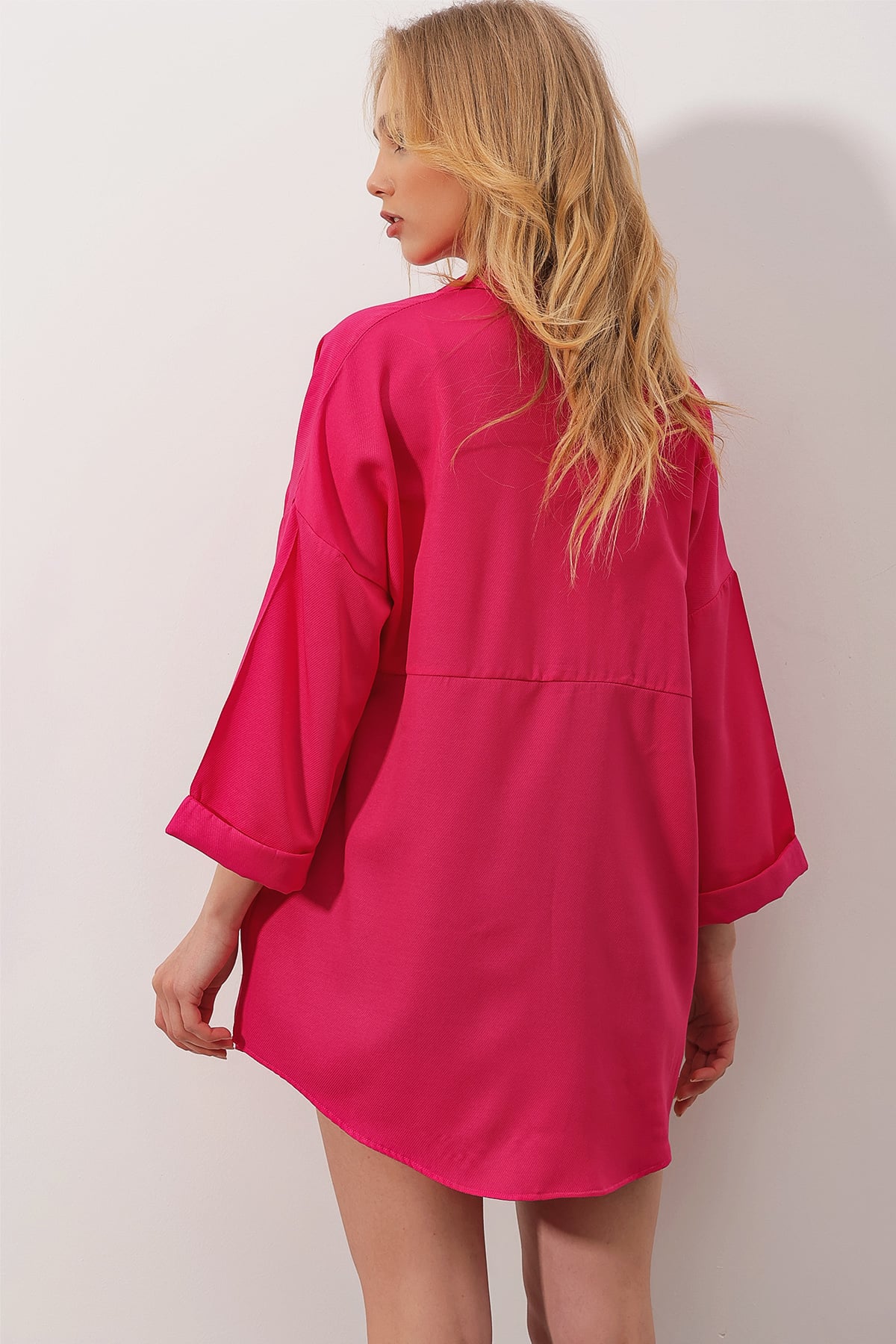 Çift Cepli Yarım Kol Oversize Dokuma Gömlek - Fuşya