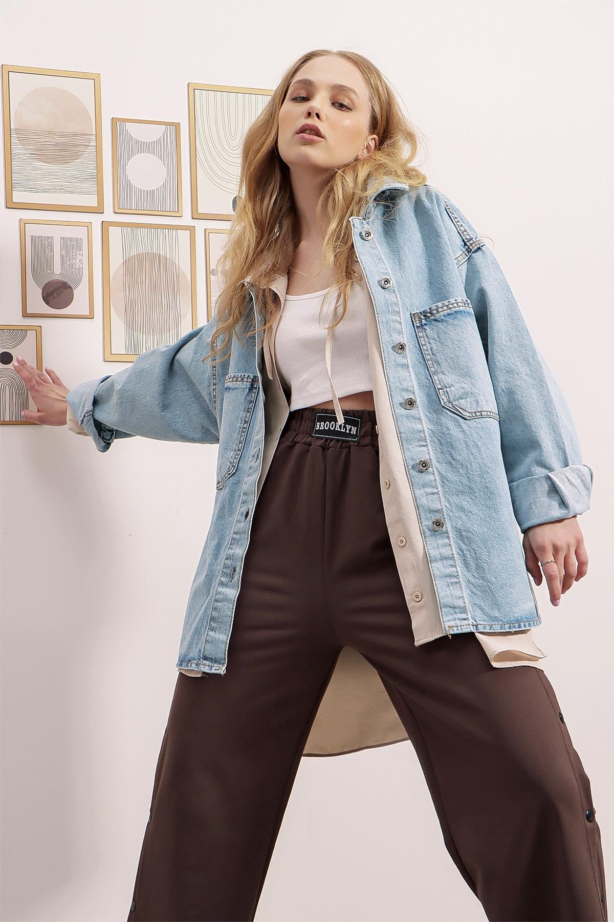 Çift Cepli Yıkamalı Oversize Denim Ceket - Buz Mavi