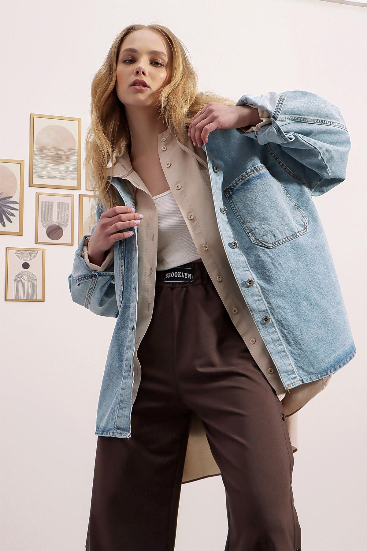 Çift Cepli Yıkamalı Oversize Denim Ceket - Buz Mavi