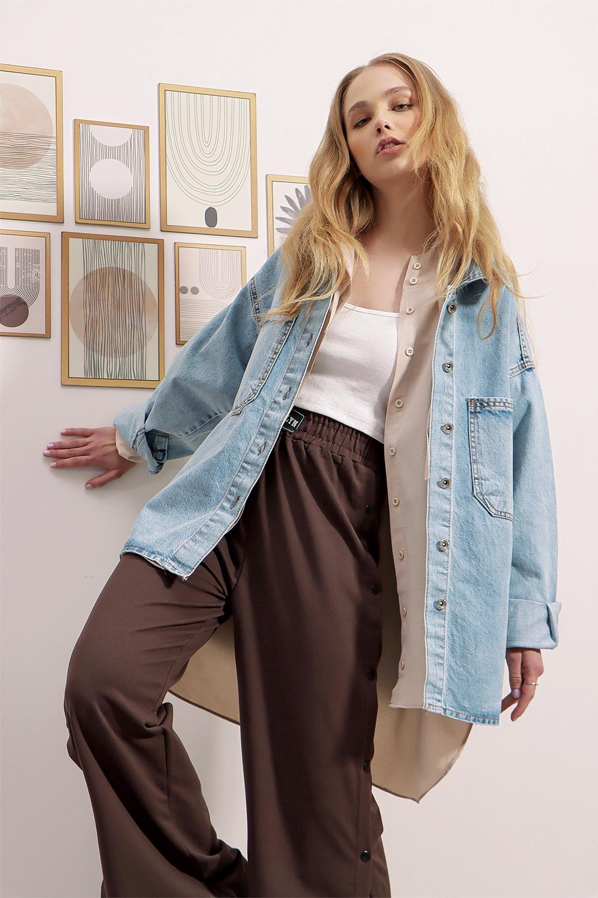 Çift Cepli Yıkamalı Oversize Denim Ceket - Buz Mavi