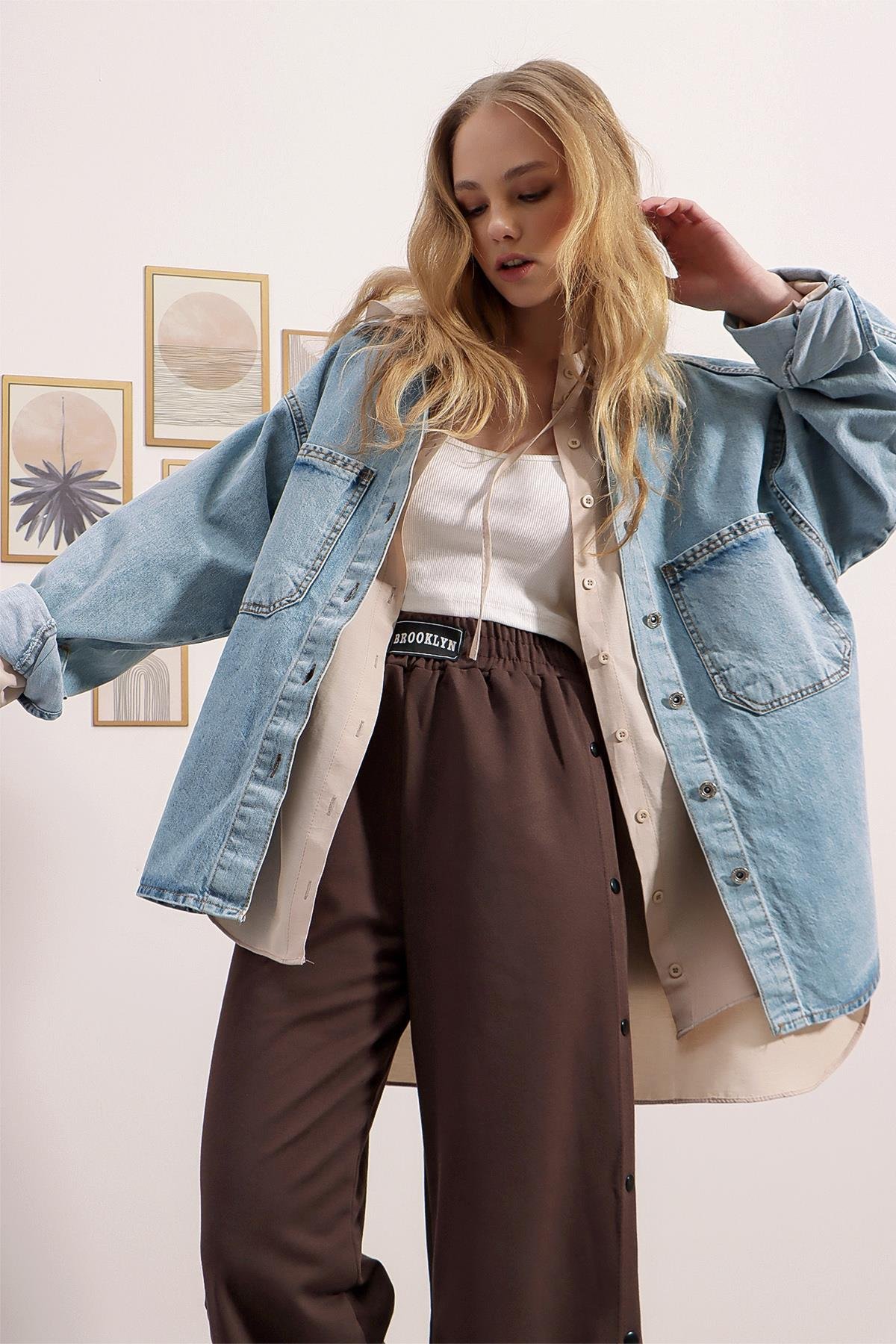 Çift Cepli Yıkamalı Oversize Denim Ceket - Buz Mavi
