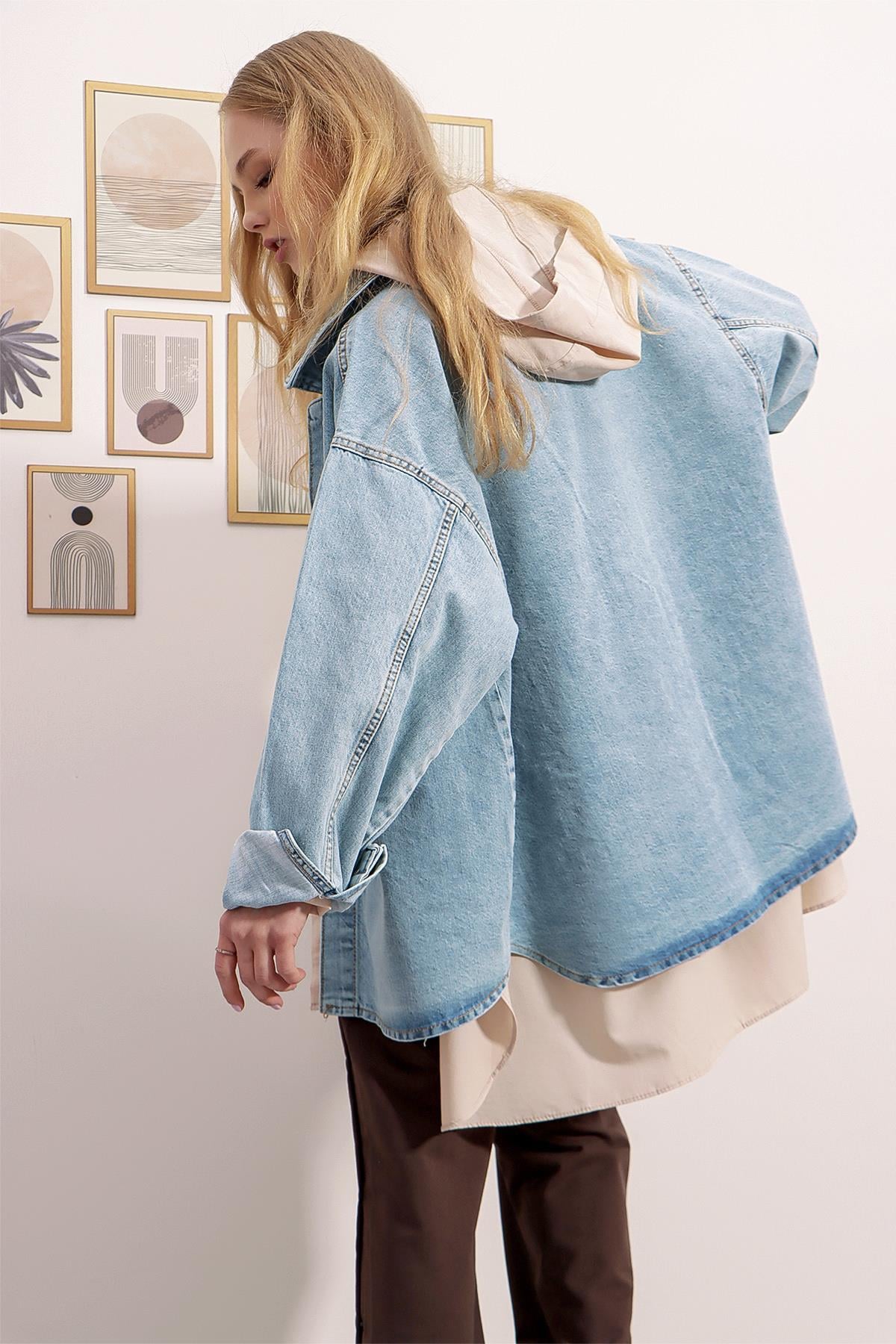 Çift Cepli Yıkamalı Oversize Denim Ceket - Buz Mavi