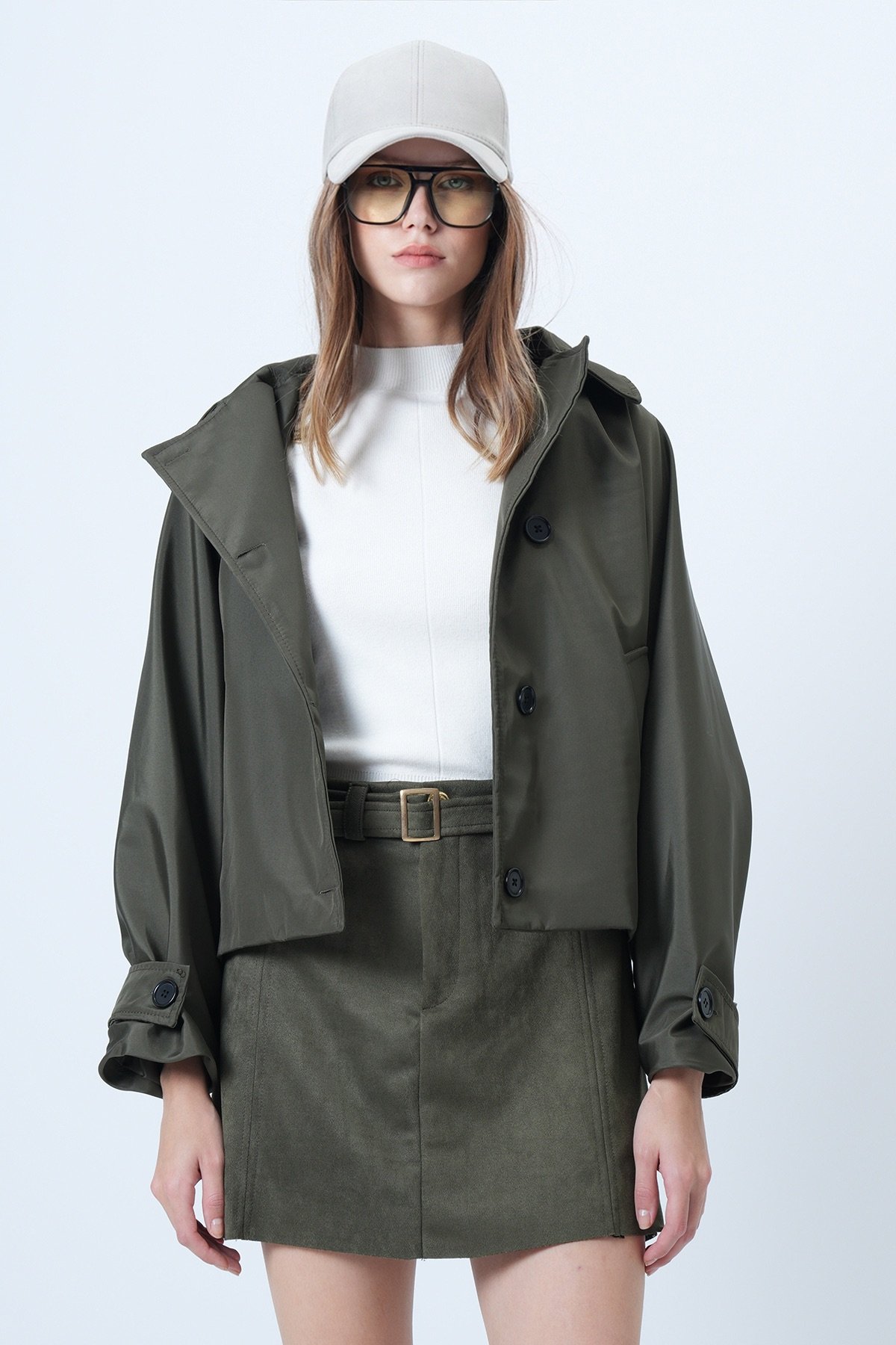 Çift Ceplidüğme Kapamalı Kısa Trençkot - HAKİ