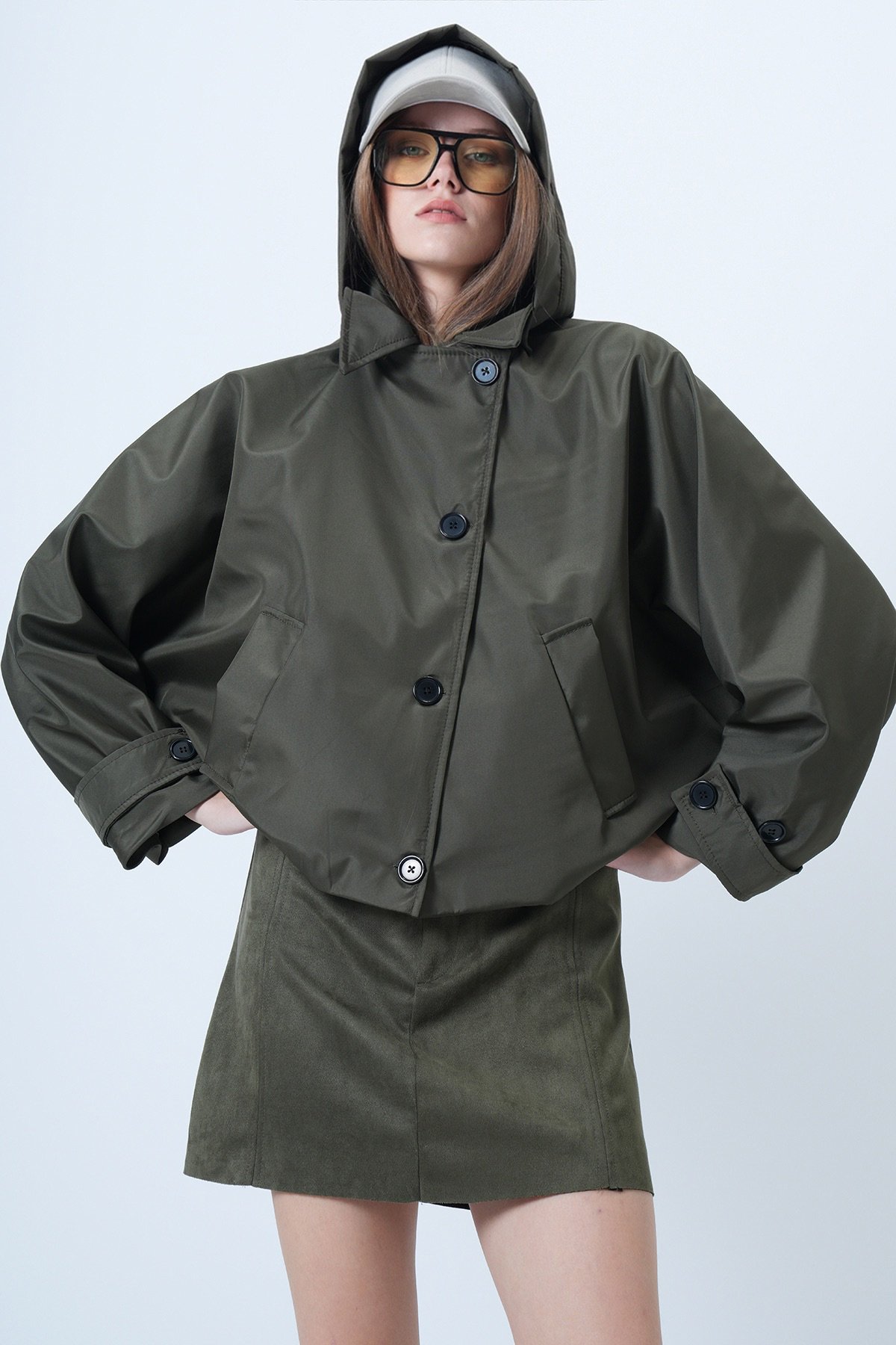 Çift Ceplidüğme Kapamalı Kısa Trençkot - HAKİ