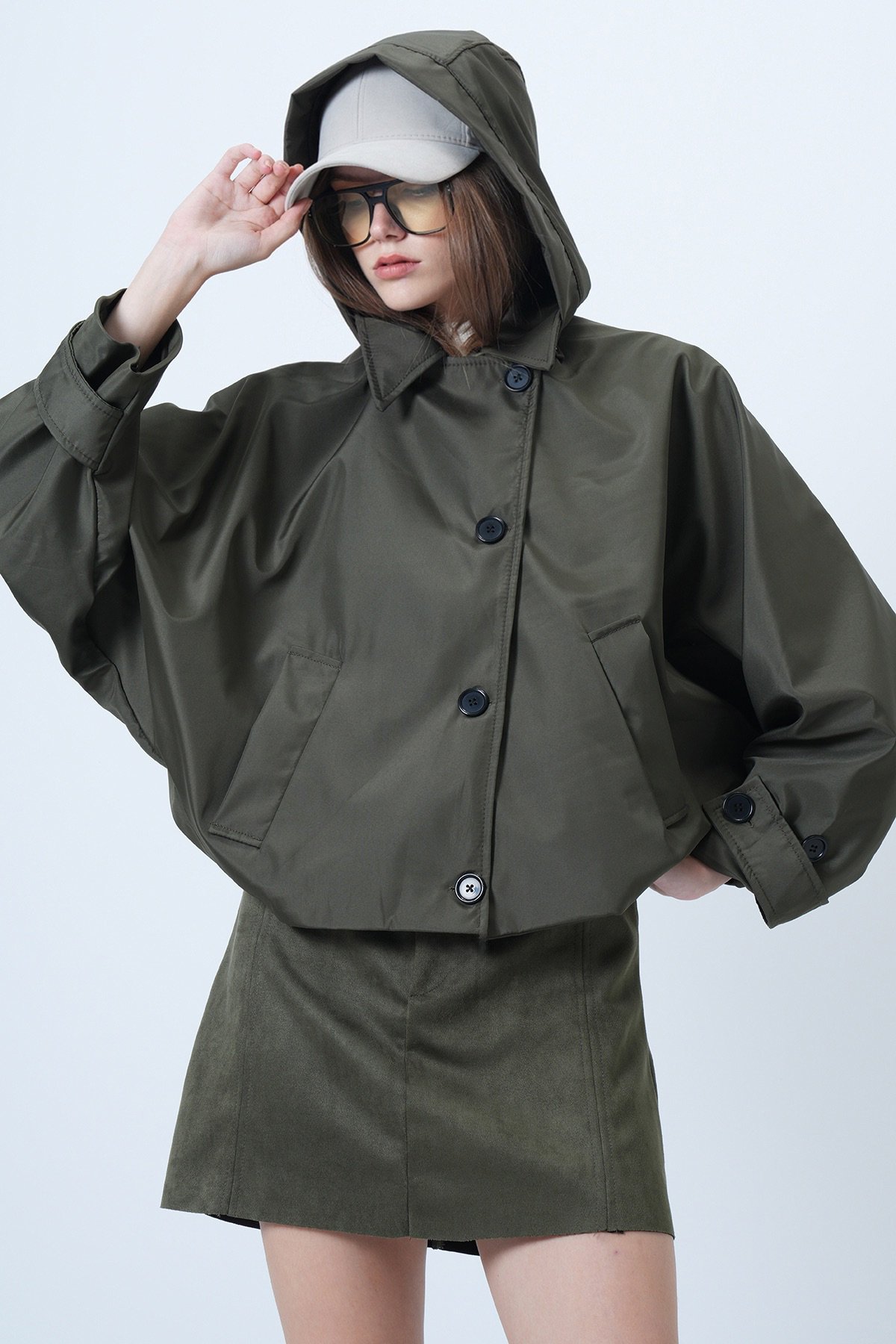 Çift Ceplidüğme Kapamalı Kısa Trençkot - HAKİ