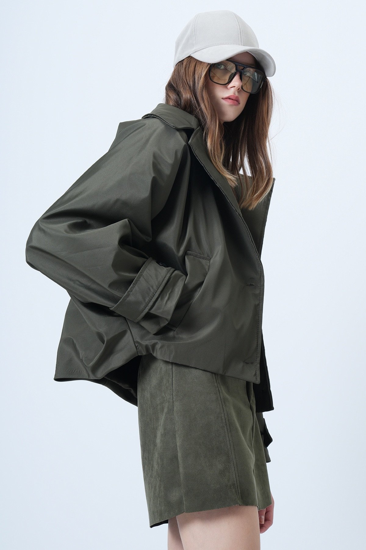 Çift Ceplidüğme Kapamalı Kısa Trençkot - HAKİ