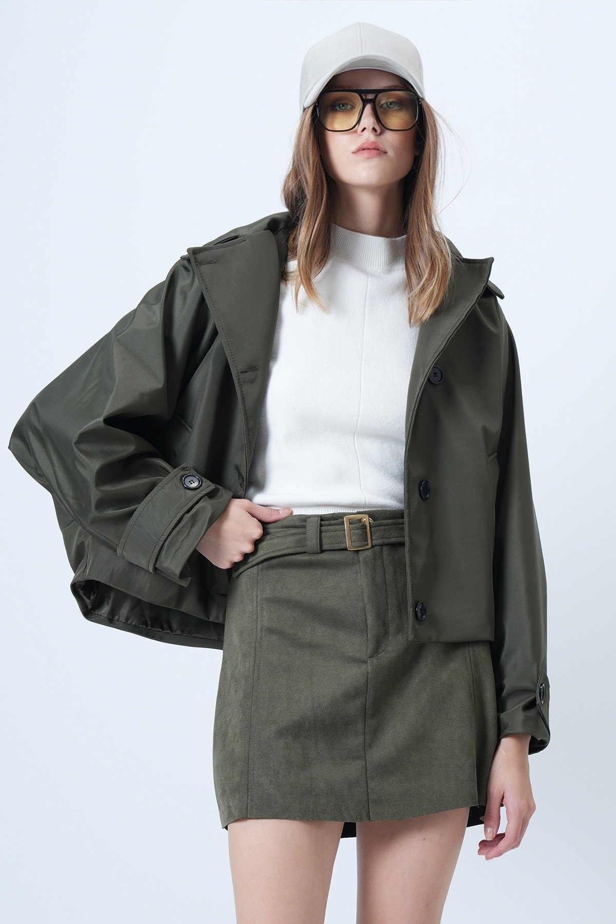 Çift Ceplidüğme Kapamalı Kısa Trençkot - HAKİ