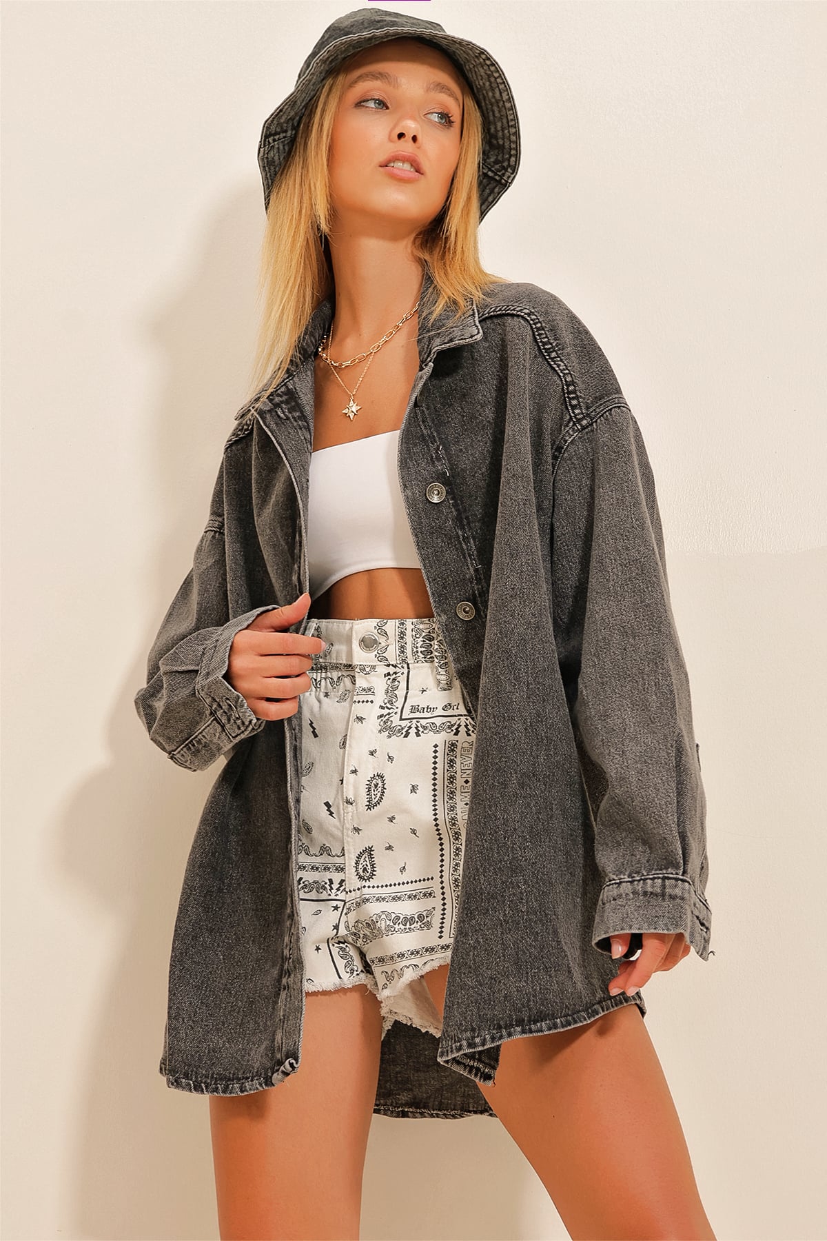 Çıtçıt Kapamalı Oversize Jean Ceket - Antrasit