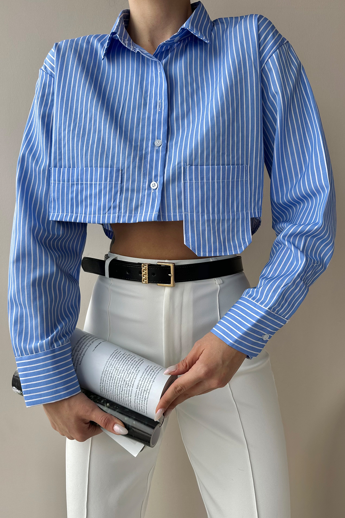 Çizgili Asimetrik Cepli Crop Poplin Gömlek - Mavi
