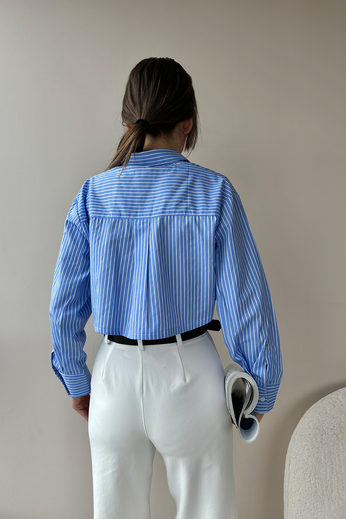 Çizgili Asimetrik Cepli Crop Poplin Gömlek - Mavi