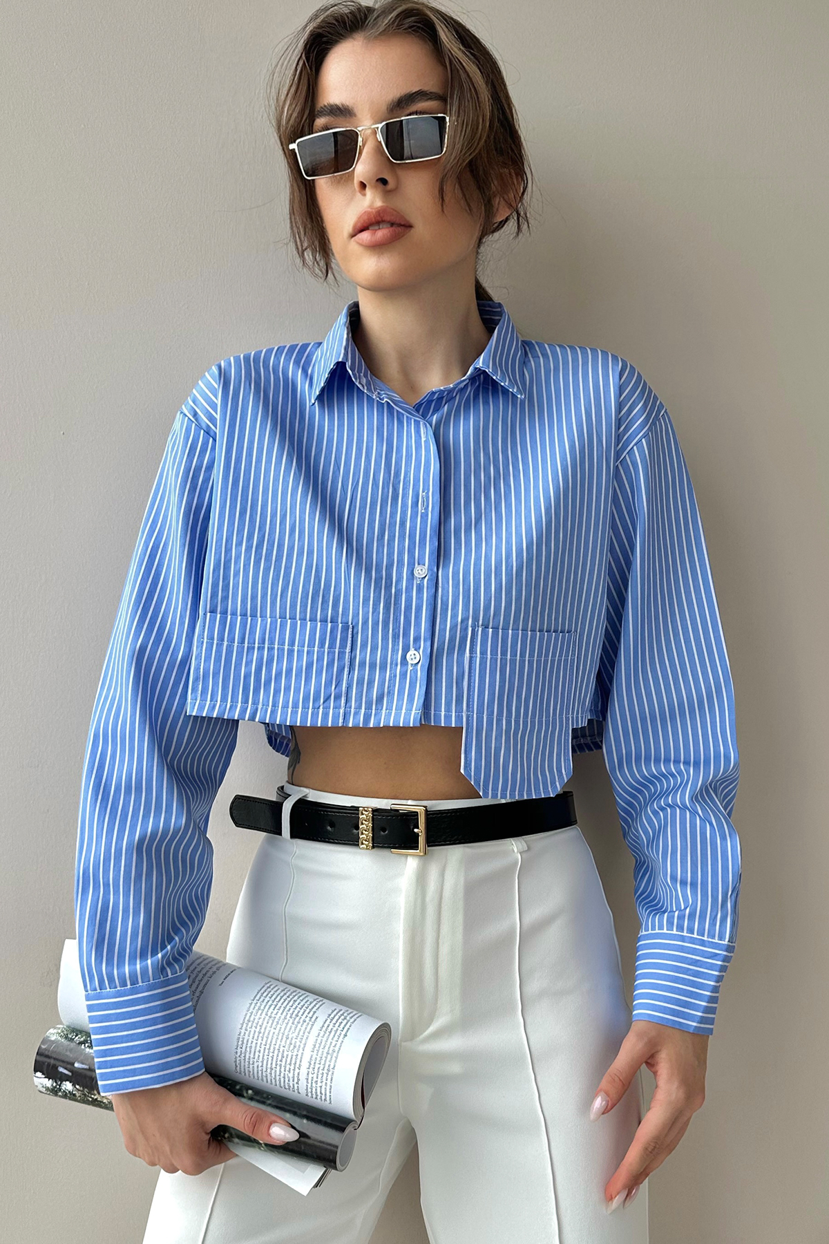 Çizgili Asimetrik Cepli Crop Poplin Gömlek - Mavi