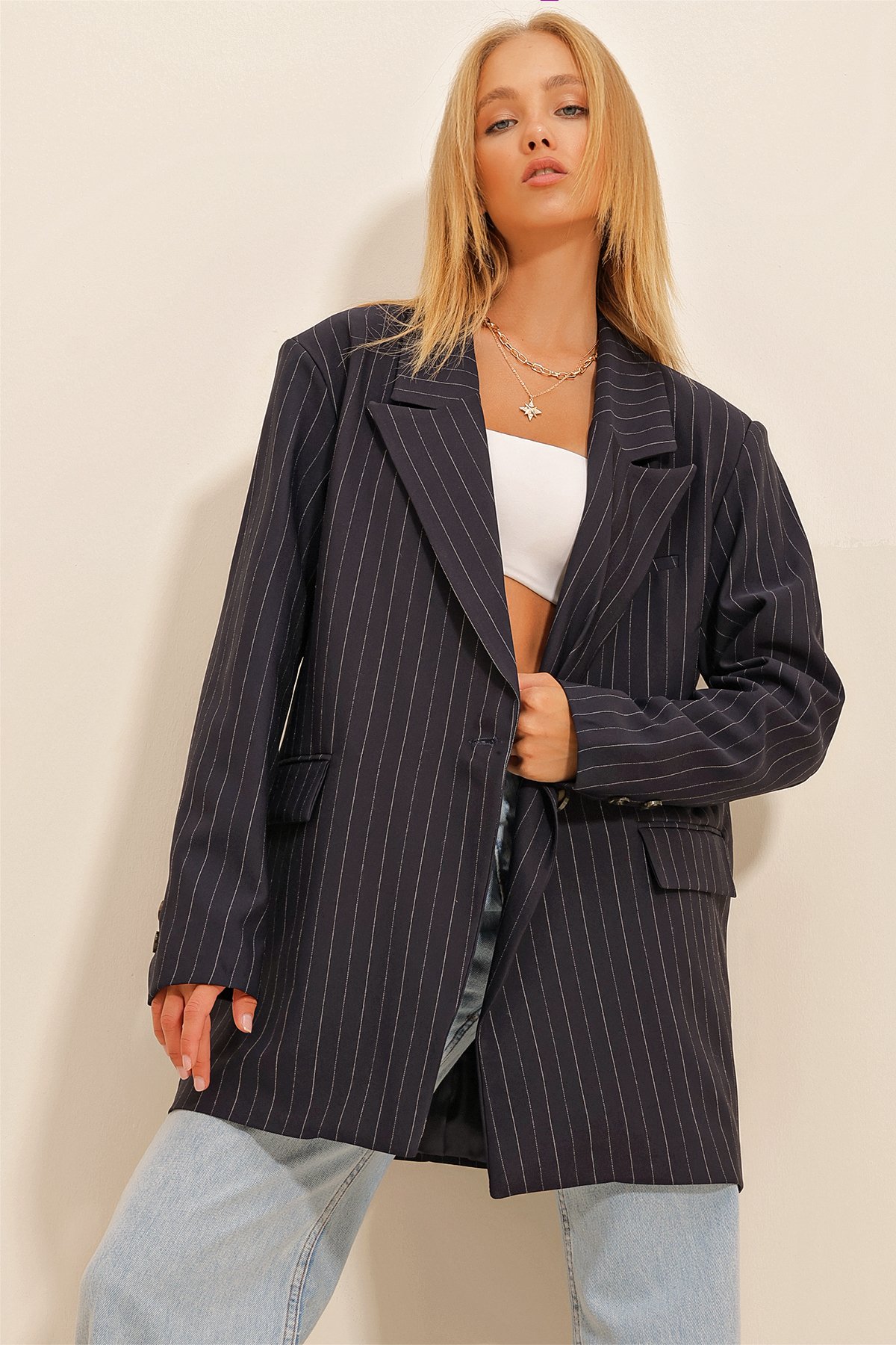 Çizgili Astarlı Blazer Ceket - Lacivert