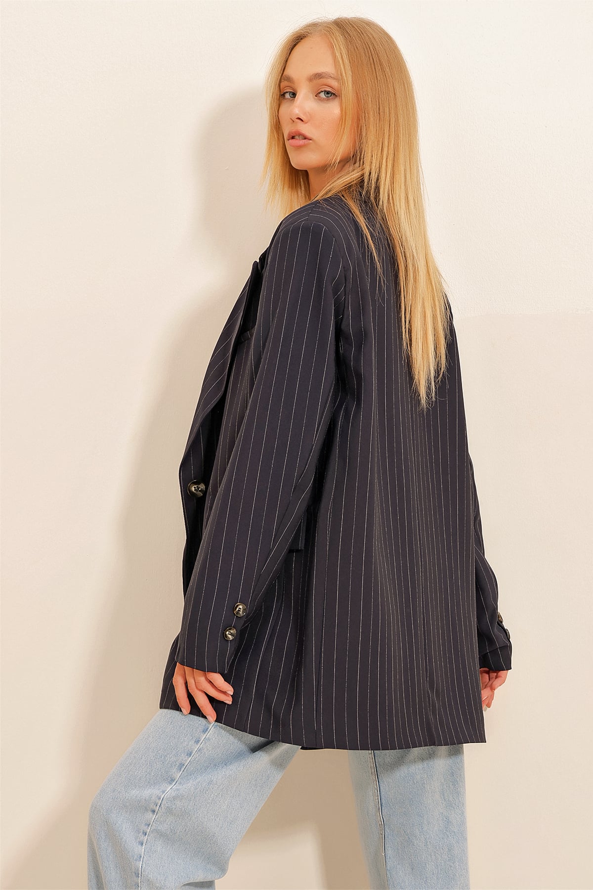 Çizgili Astarlı Blazer Ceket - Lacivert
