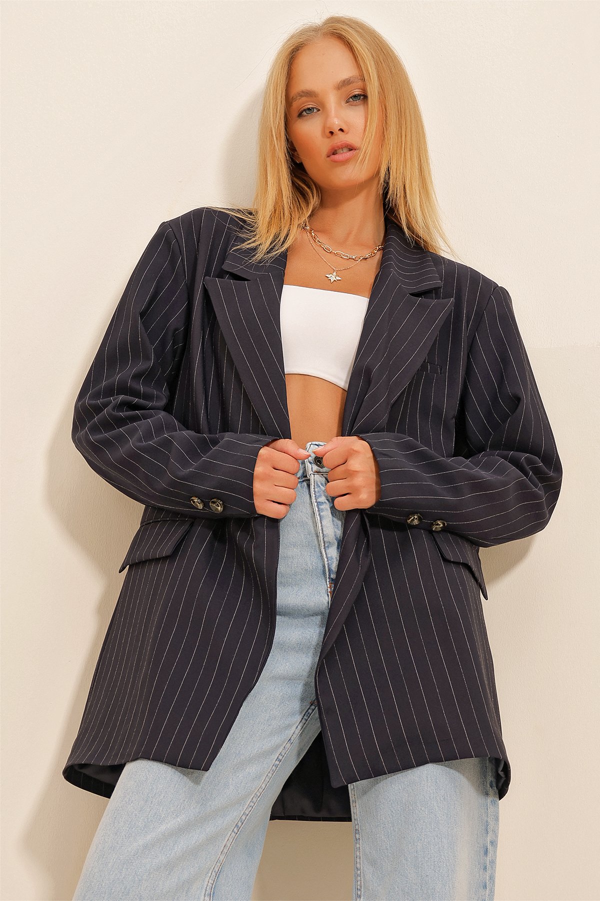 Çizgili Astarlı Blazer Ceket - Lacivert