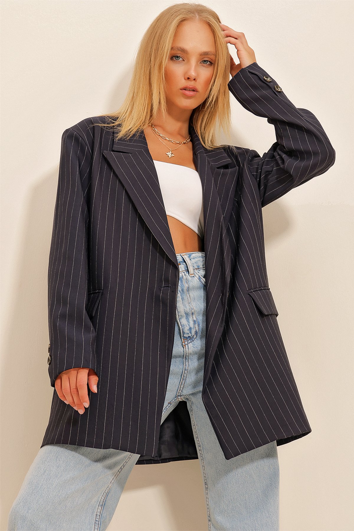 Çizgili Astarlı Blazer Ceket - Lacivert
