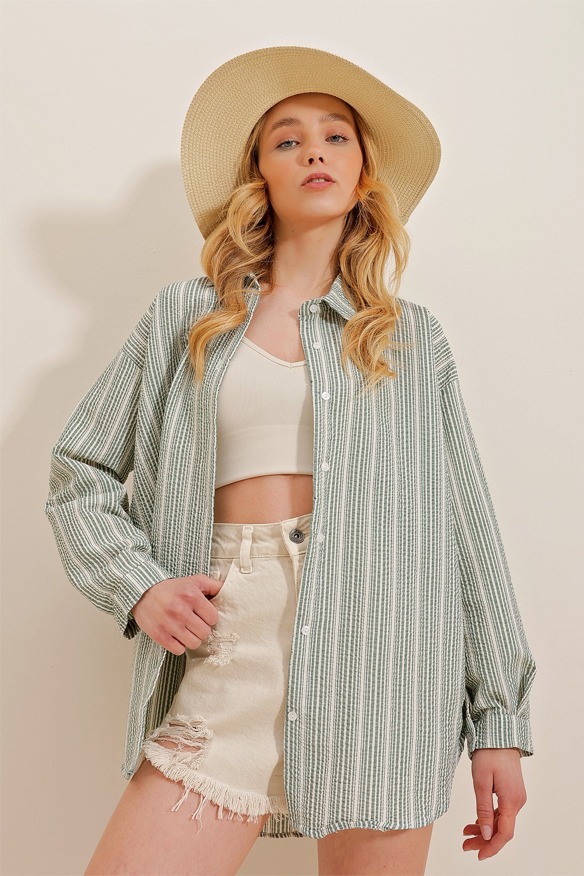 Çizgili Gofre Oversize Gömlek - Küf Yeşili