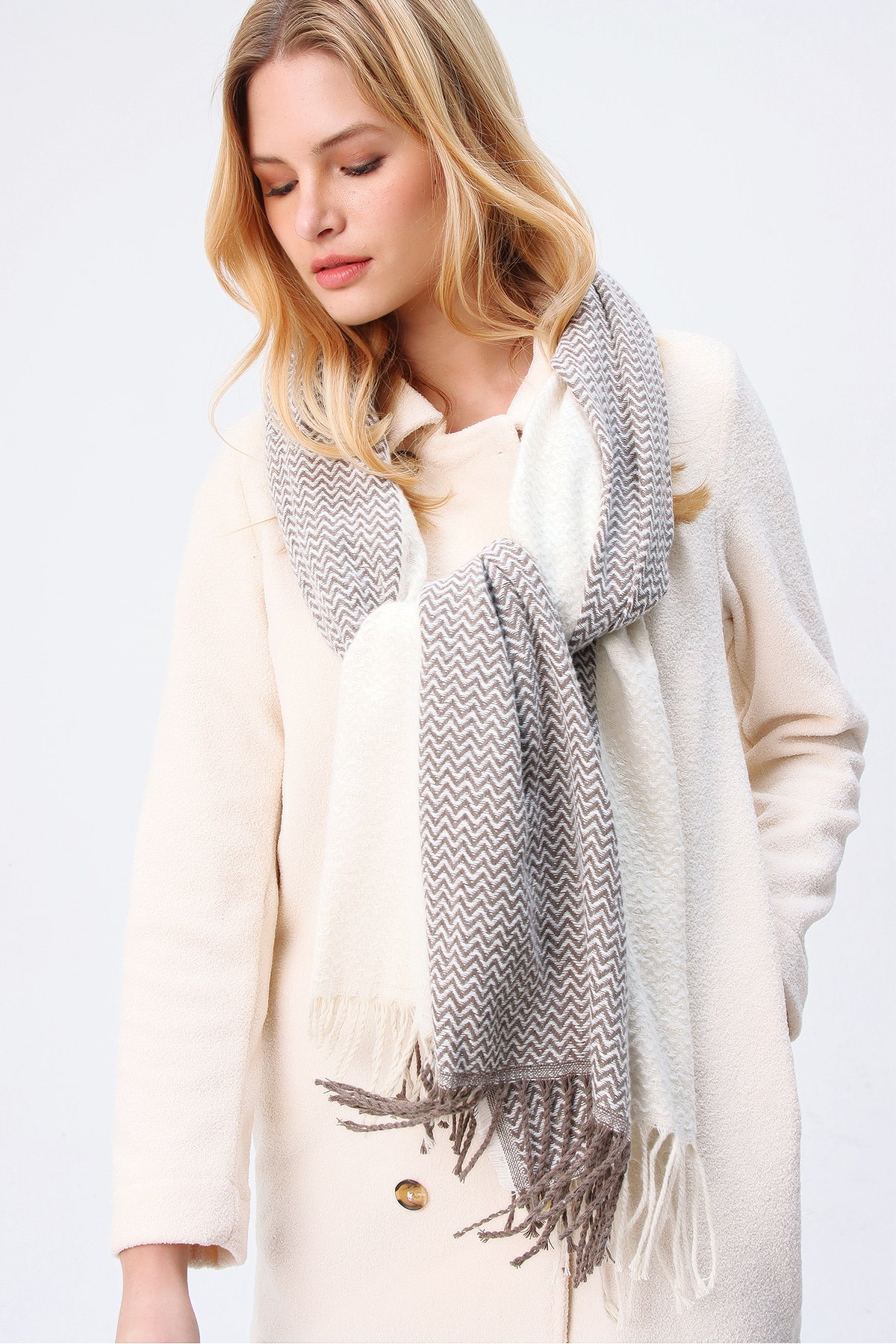 Çizgili Kalın Şal - Bej