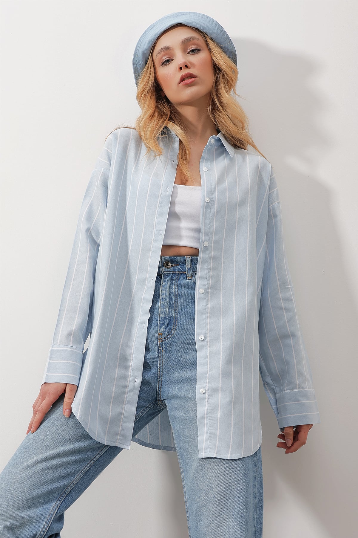 Çizgili Oversize Dokuma Gömlek - Mavi