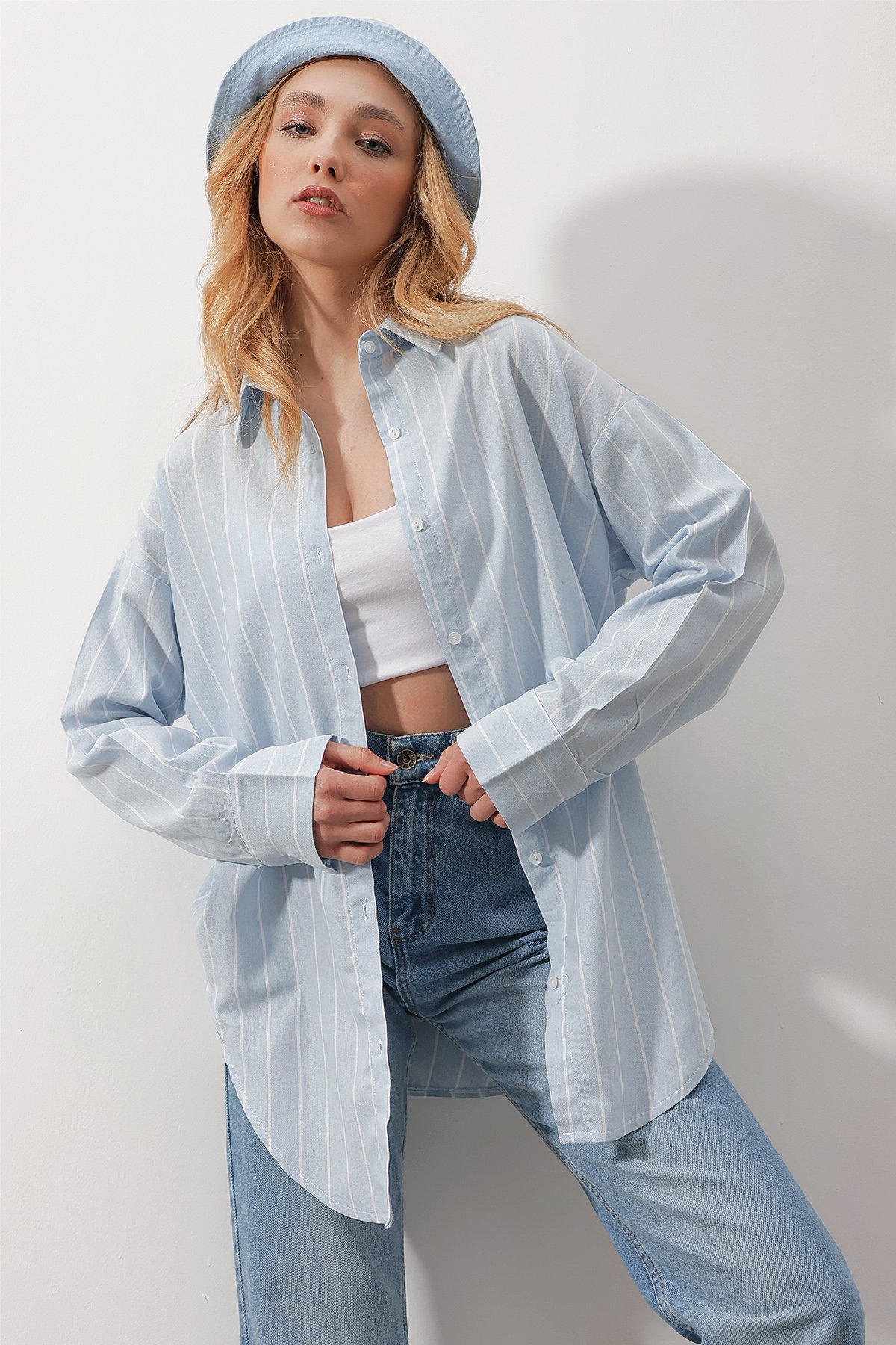 Çizgili Oversize Dokuma Gömlek - Mavi