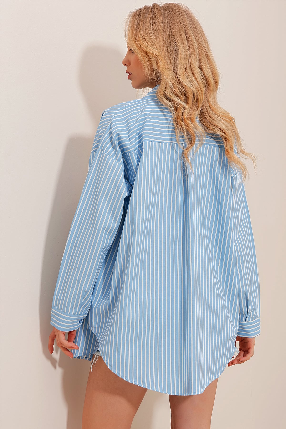 Çizgili Oversize Dokuma Gömlek - MAVİ